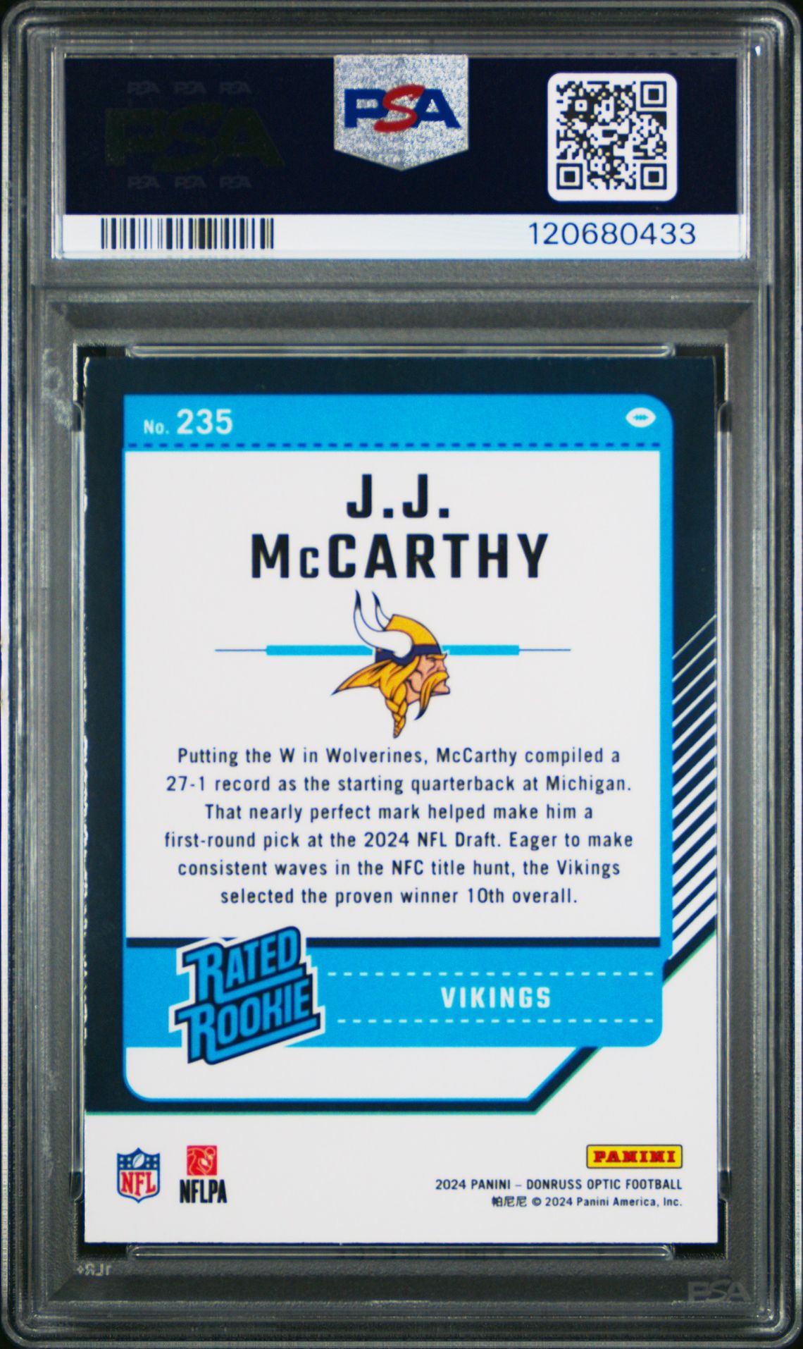 2024 Panini Donruss Optic Jj Mccarthy #235 Gem Mt 10 back