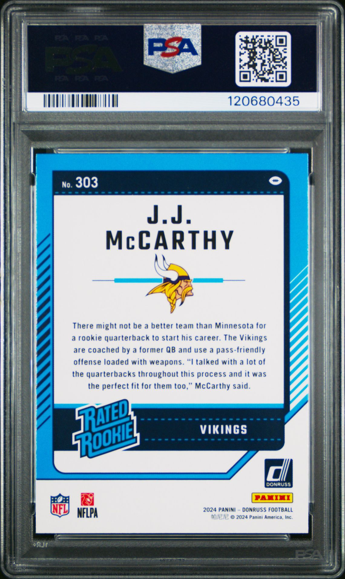 2024 Panini Donruss Jj Mccarthy #303 Gem Mt 10 back