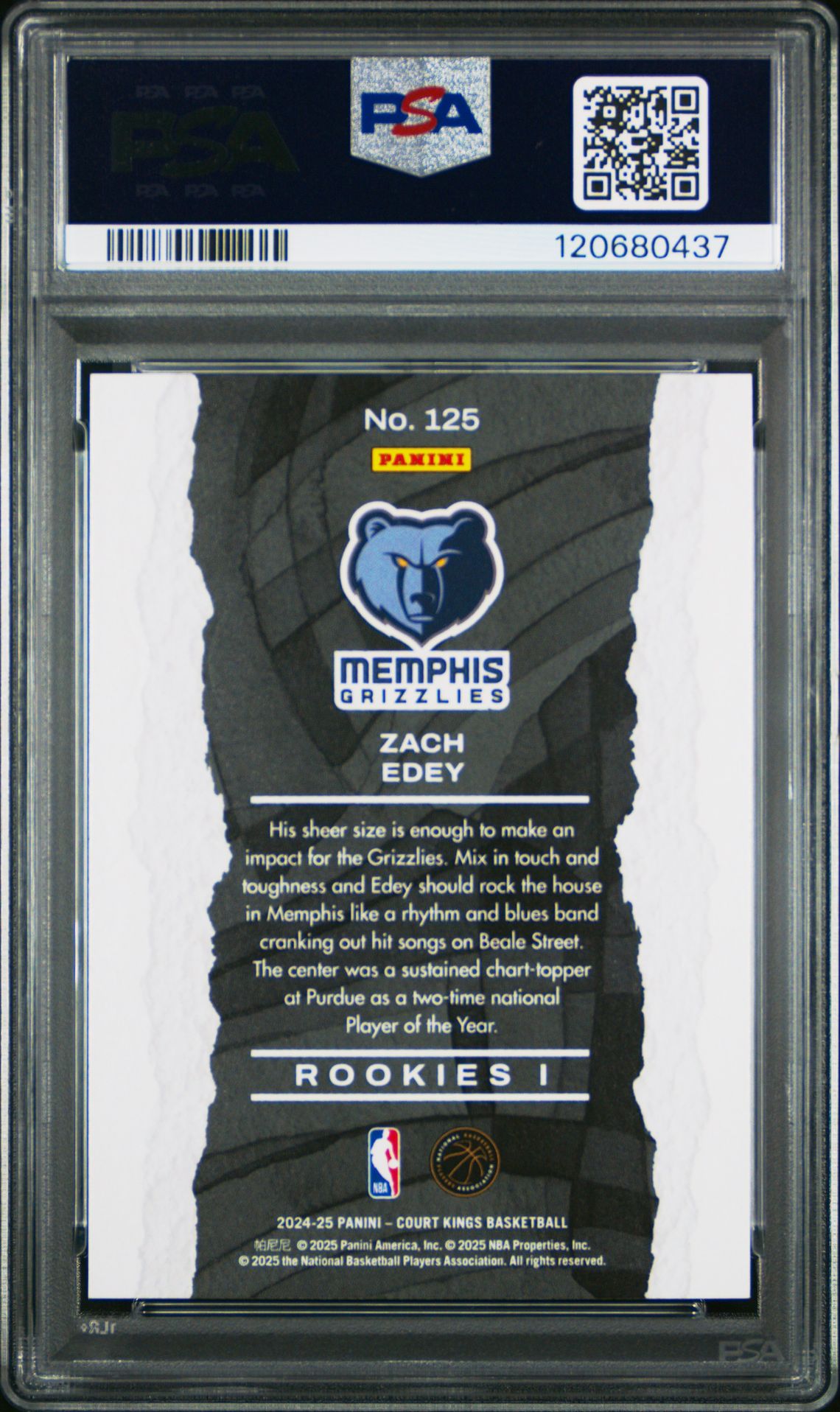 2024 Panini Court Kings Zach Edey #125 (Rookies I) Gem Mt 10 back