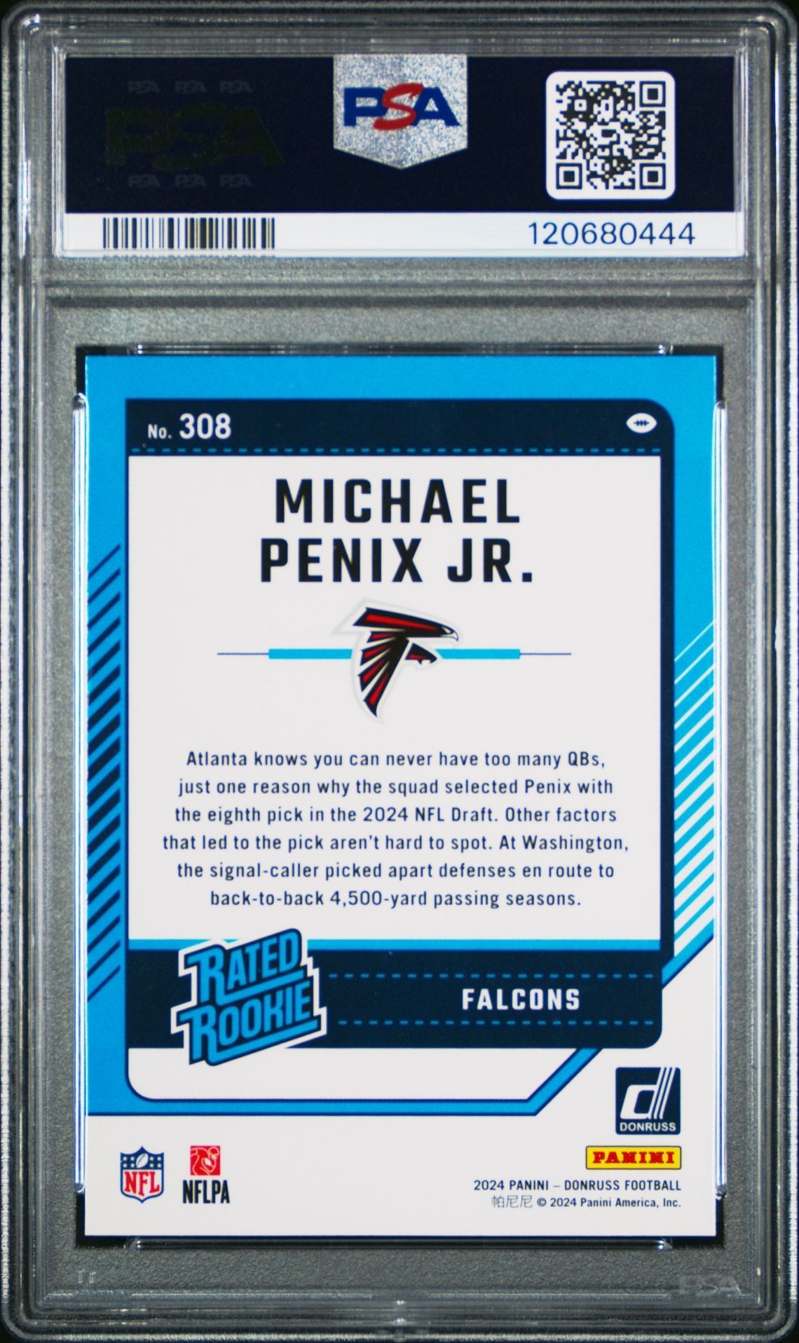 2024 Panini Donruss Michael Penix Jr. #308 Gem Mt 10 back