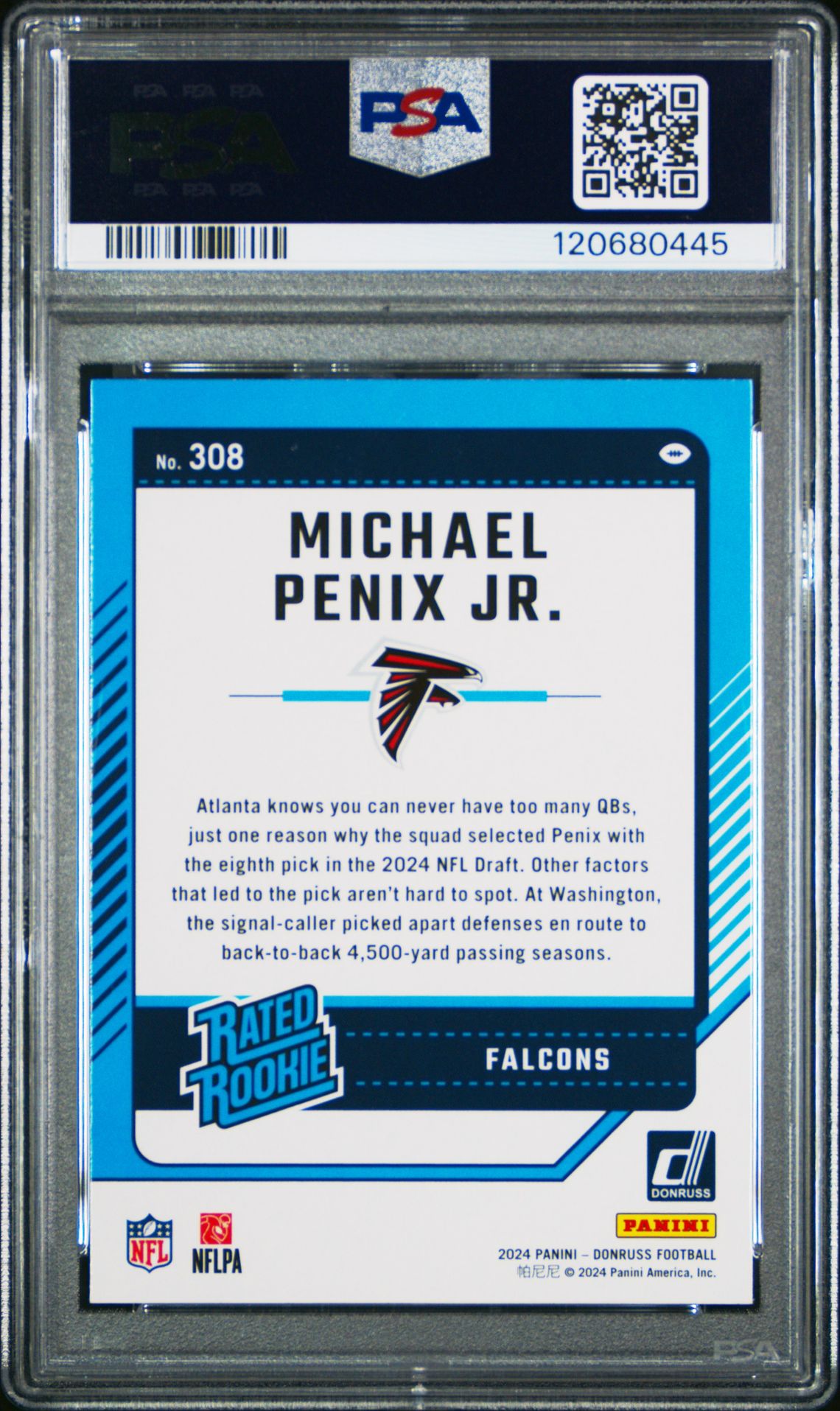 2024 Panini Donruss Michael Penix Jr. #308 Gem Mt 10 back view - PSA certificate #120680445