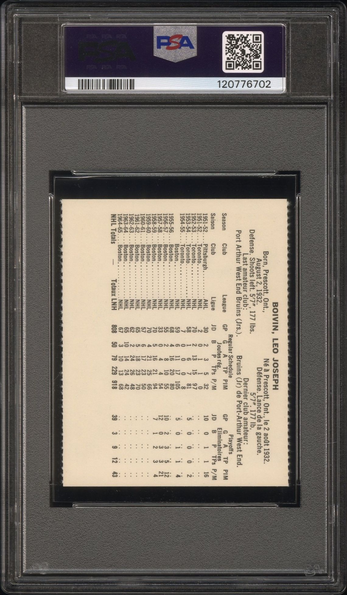 1965 Coca-Cola Leo Boivin (Perforated) Mint 9 back