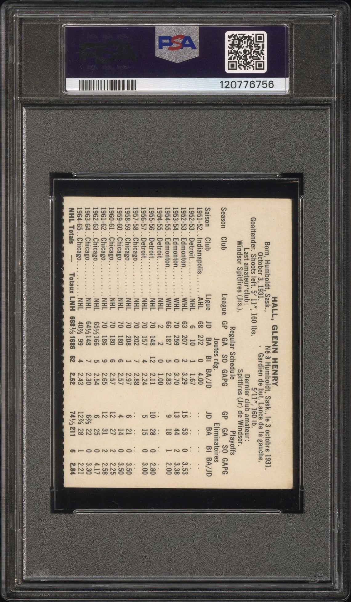 1965 Coca-Cola Glenn Hall (Perforated) Vg 3 back