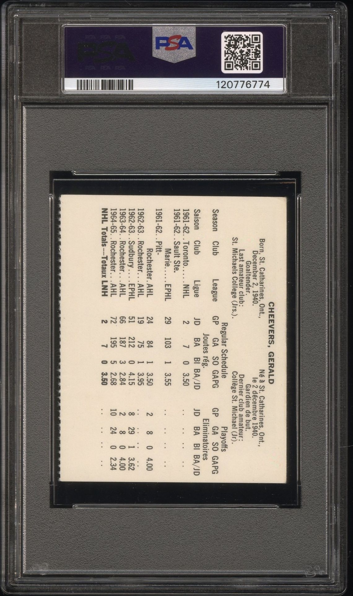 1965 Coca-Cola Gerry Cheevers (Perforated) Vg-Ex 4 back