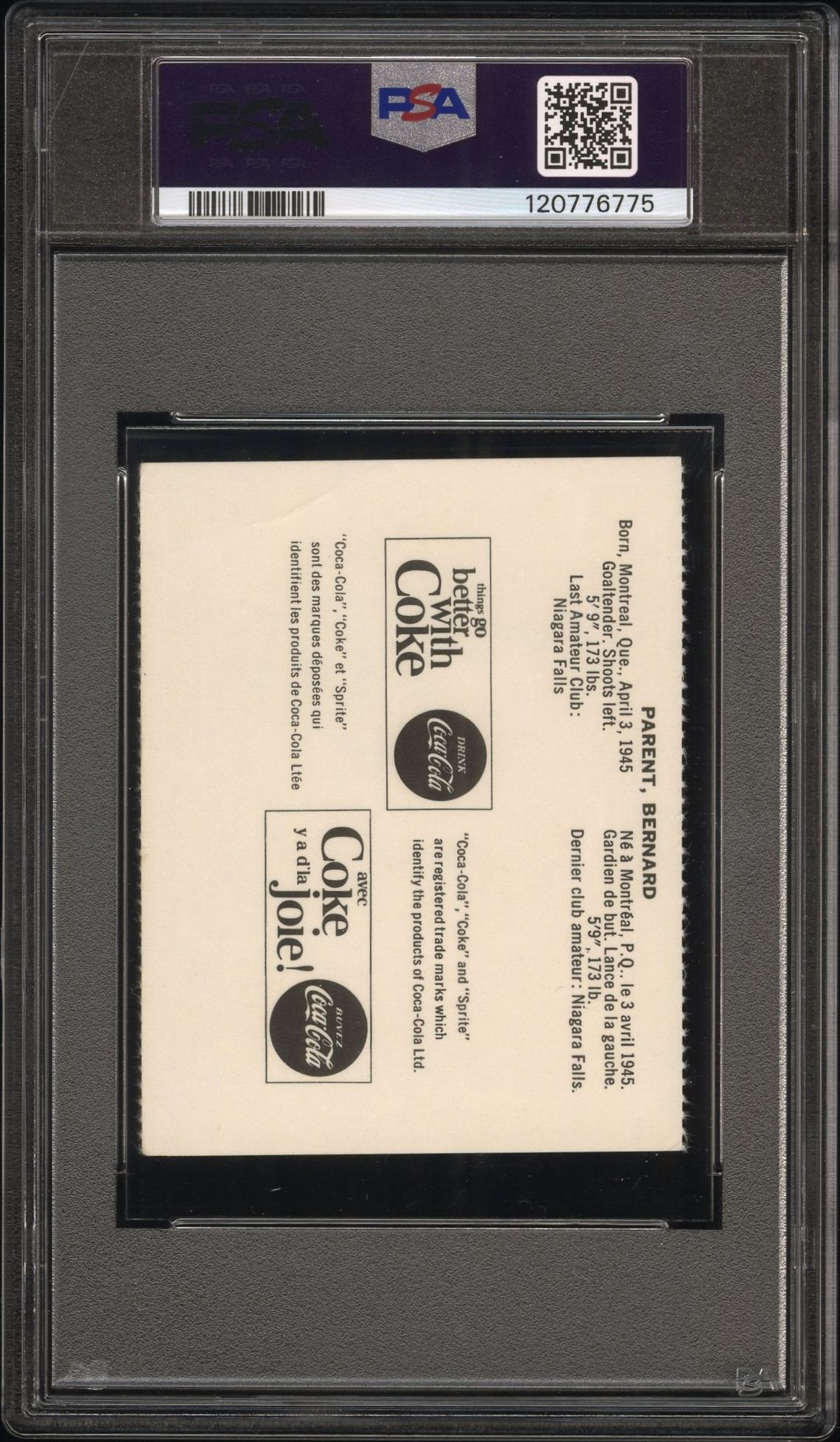 1965 Coca-Cola Bernie Parent (Perforated) Vg 3 back