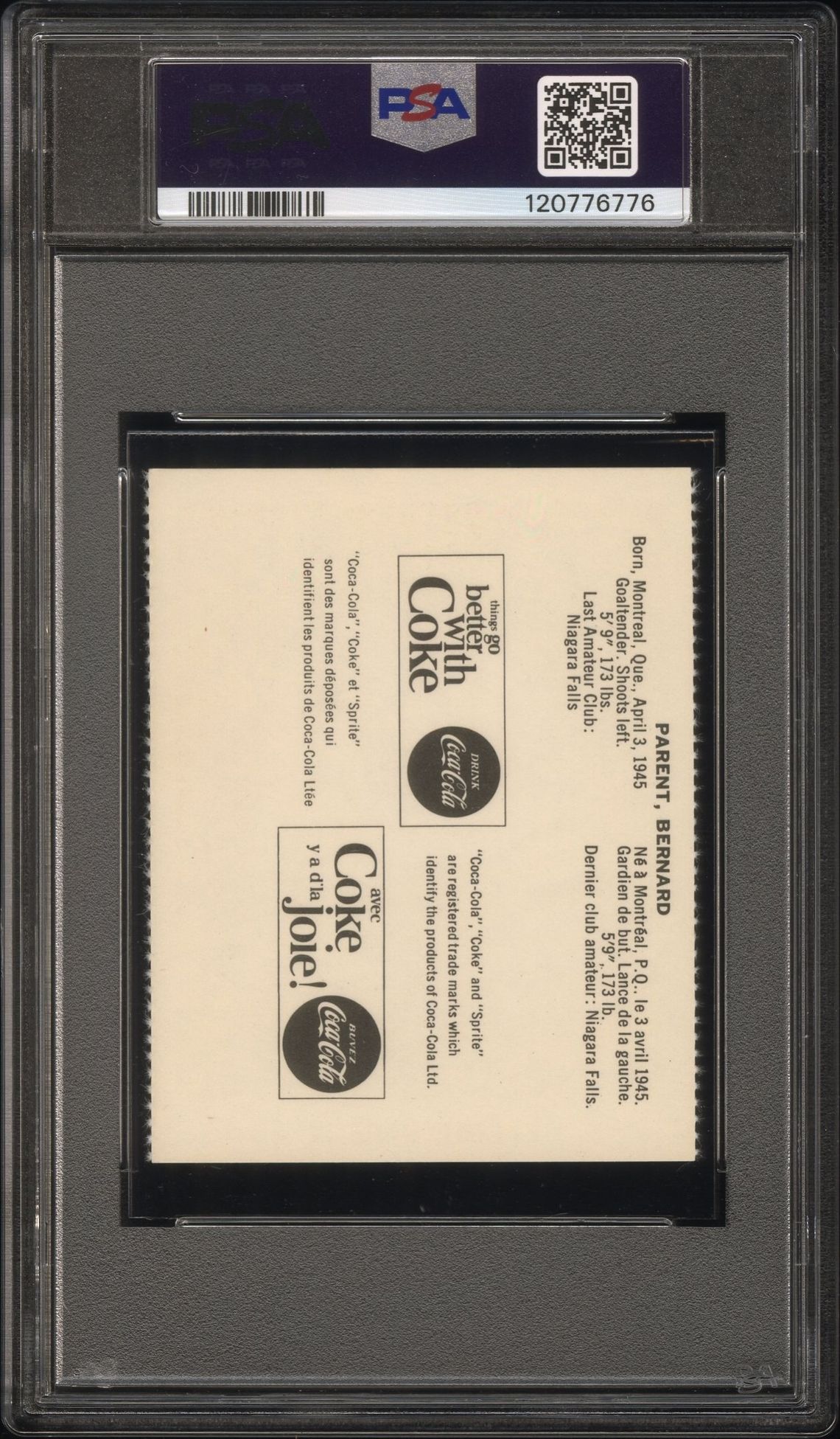 1965 Coca-Cola Bernie Parent (Perforated) Vg-Ex+ 4.5 back