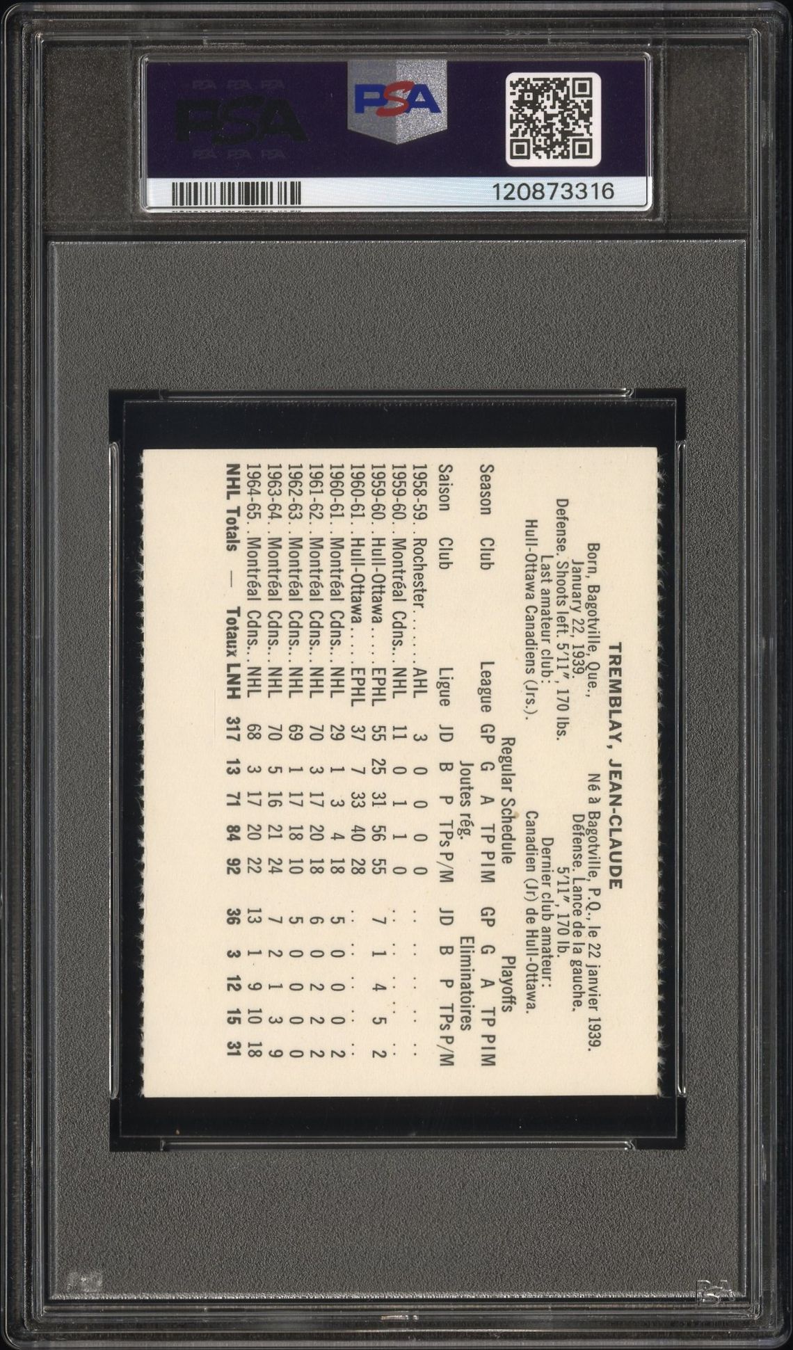 1965 Coca-Cola J.c. Tremblay (Perforated) Vg-Ex 4 back