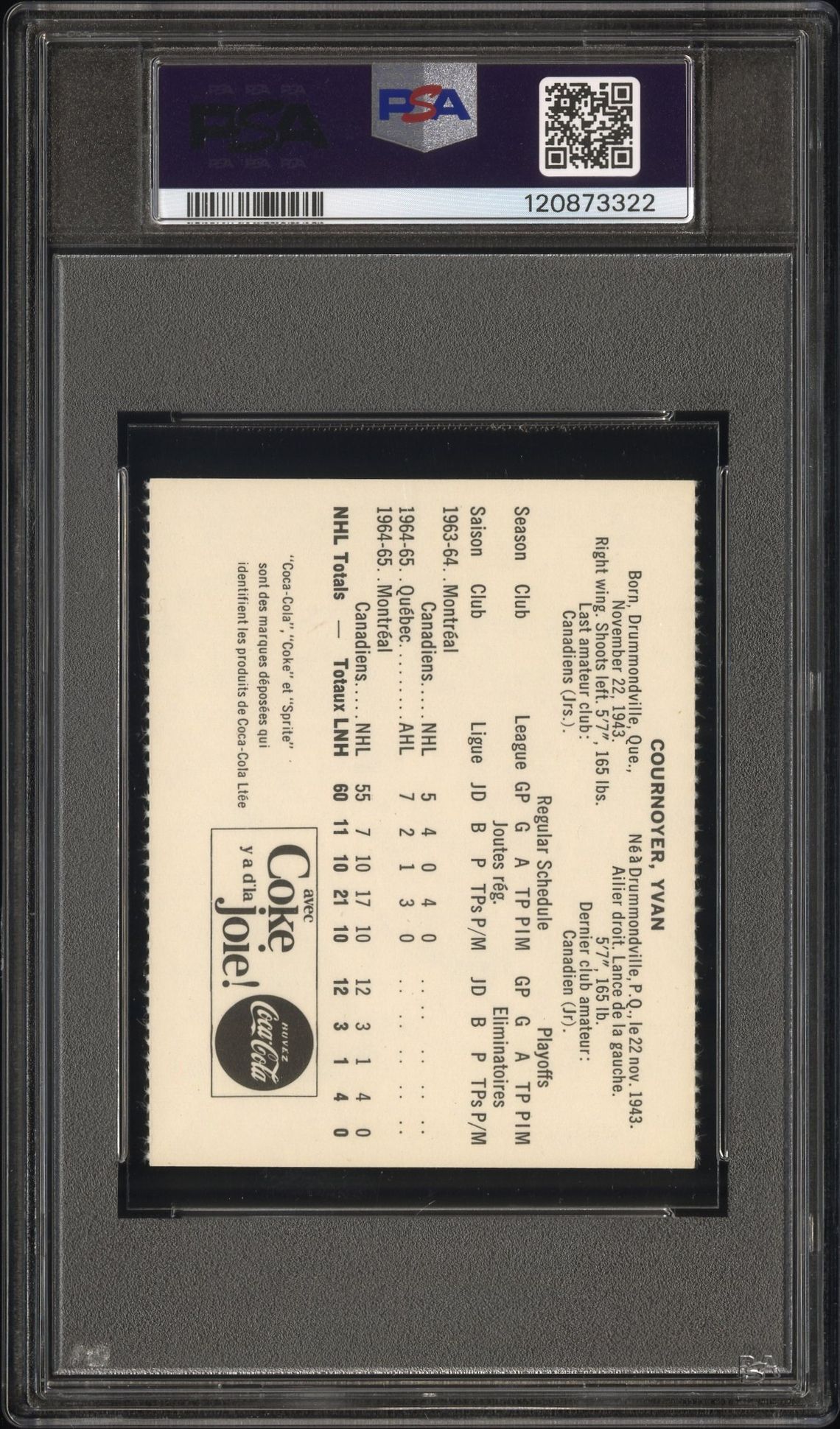 1965 Coca-Cola Yvan Cournoyer (Perforated) Vg-Ex 4 back