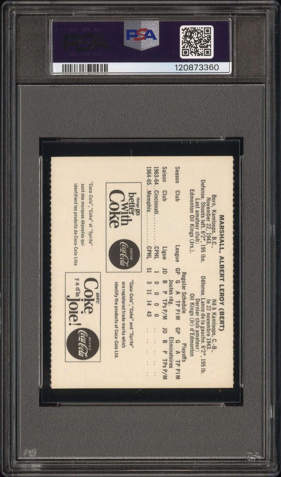 1965 Coca-Cola Bert Marshall (Perforated) Nm 7 back