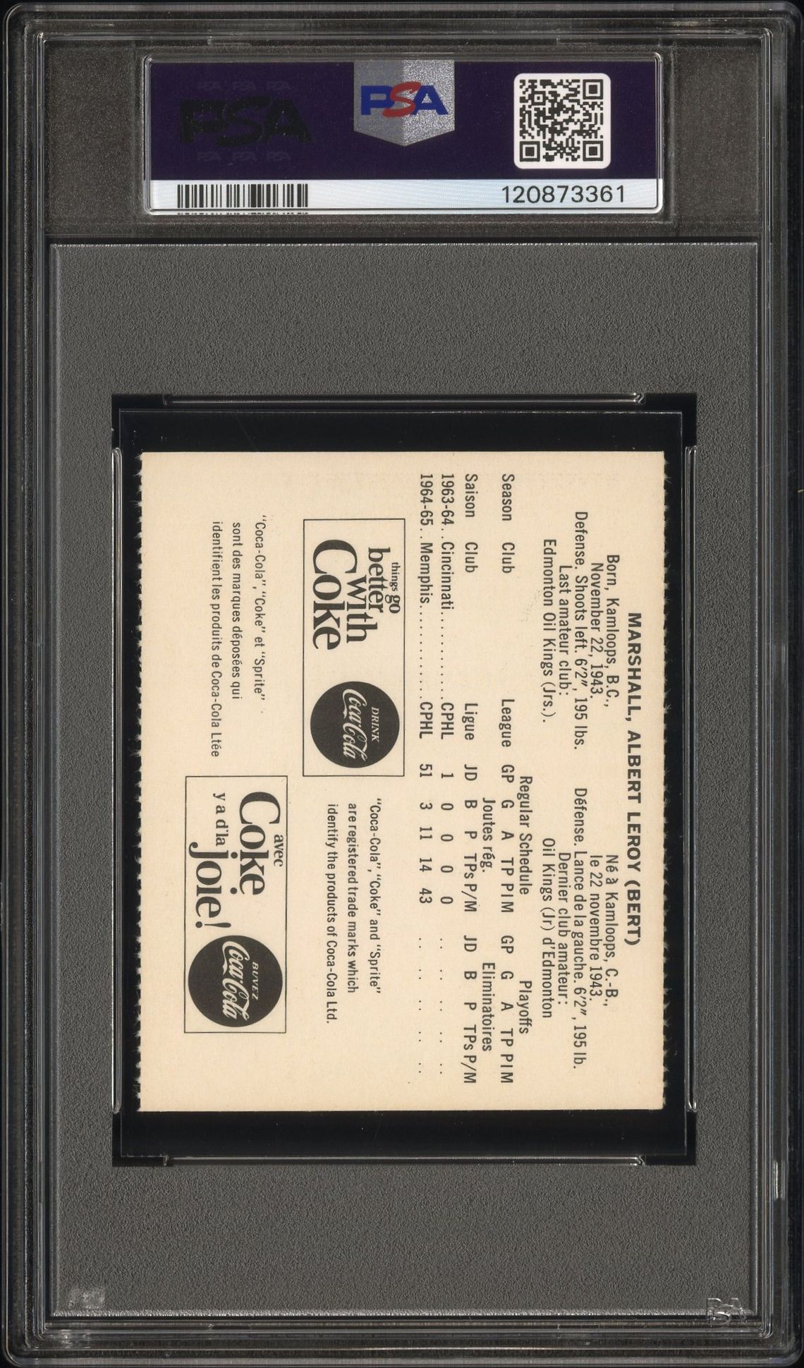 1965 Coca-Cola Bert Marshall (Perforated) Mint 9 back