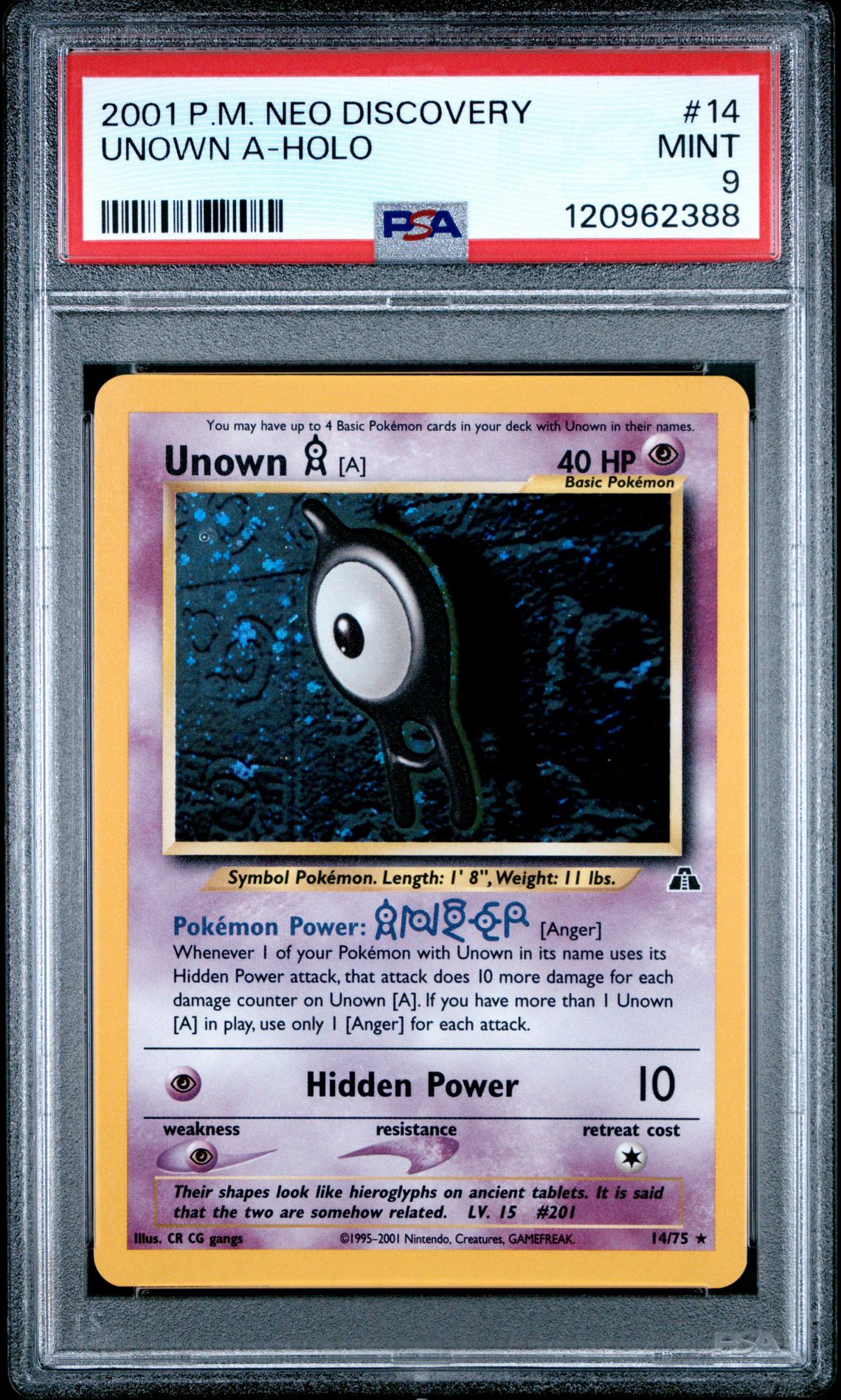 2001 Pokemon Neo Discovery Unown A-Holo #14 Mint 9 front