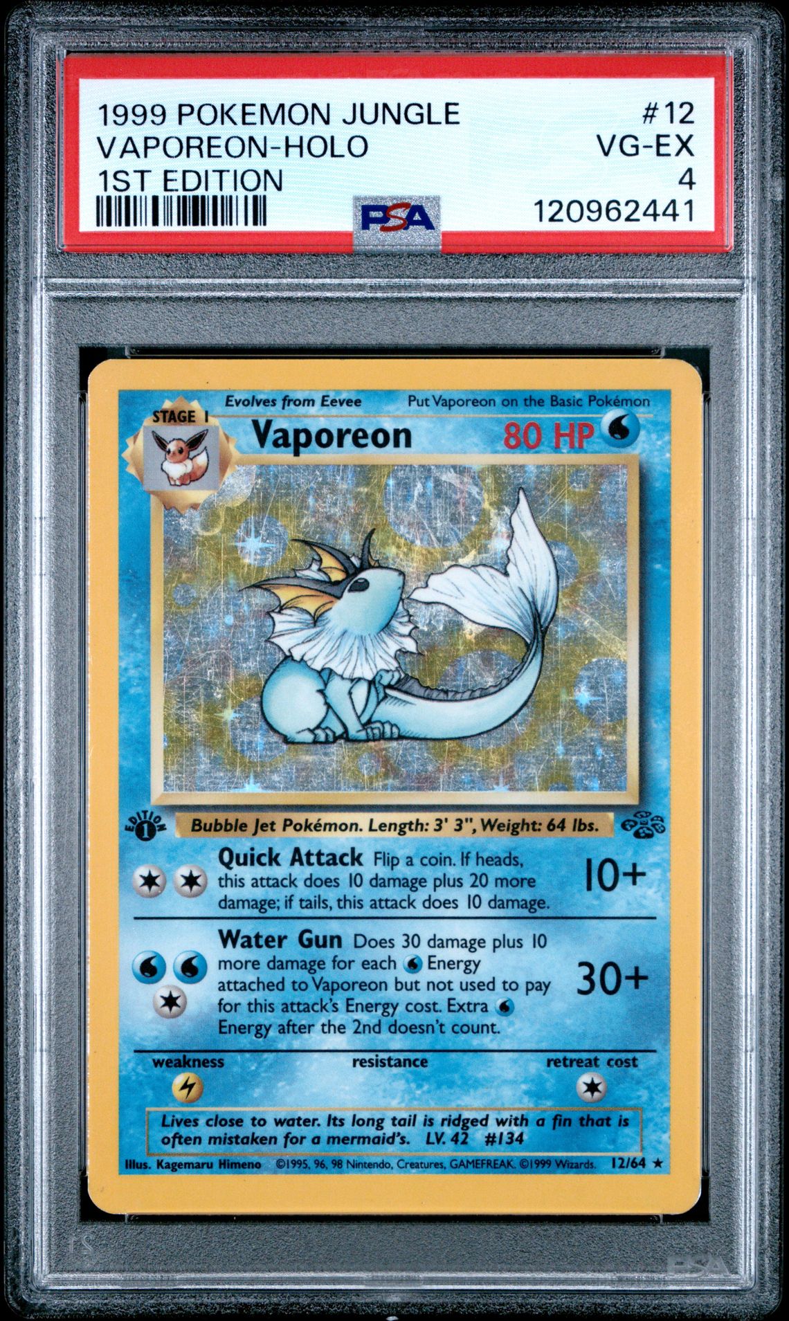 1999 Pokemon Jungle Vaporeon-Holo #12 (1St Edition) Vg-Ex 4 front