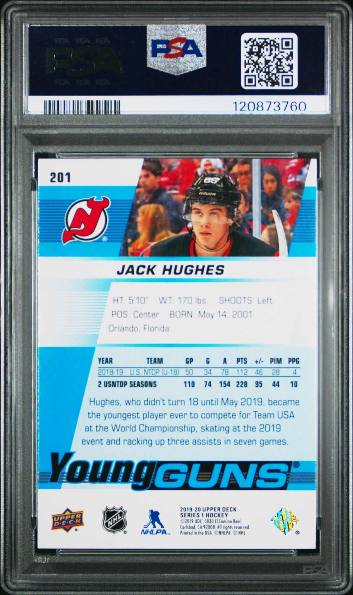 2019 Upper Deck Jack Hughes #201 Gem Mt 10 back