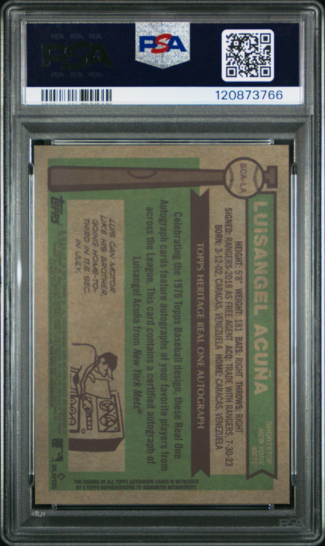 2025 Topps Heritage Chrome Autographs Luisangel Acuna #Bcala (Chrome Auto-Gold Border) Gem Mt 10 back