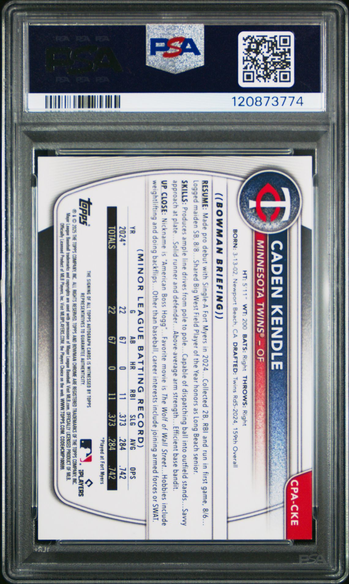 2025 Bowman Chrome Prospect Autographs Caden Kendle #Cpacke (Chrome Pros Au-Speckle Ref) Gem Mt 10 back