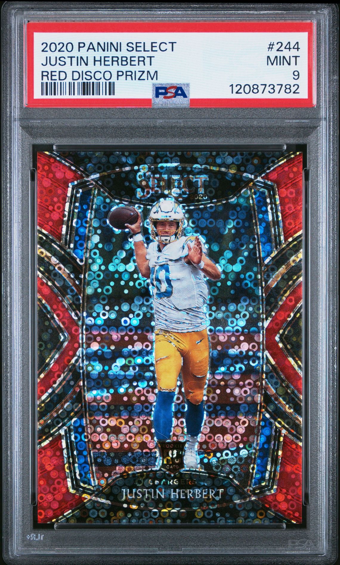 2020 Panini Select Justin Herbert #244 (Red Disco Prizm) Mint 9 front
