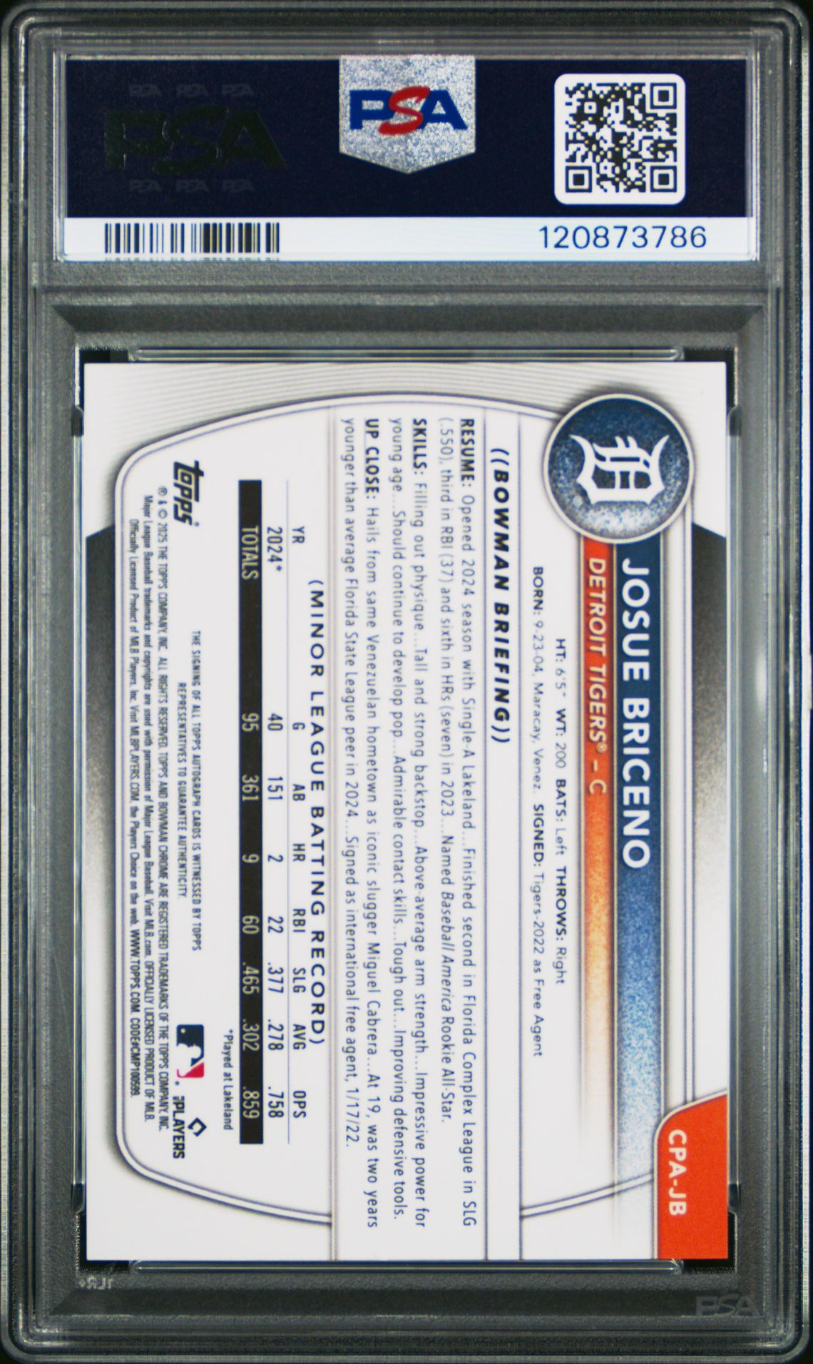 2025 Bowman Chrome Prospect Autographs Josue Briceno #Cpajb Gem Mt 10 back