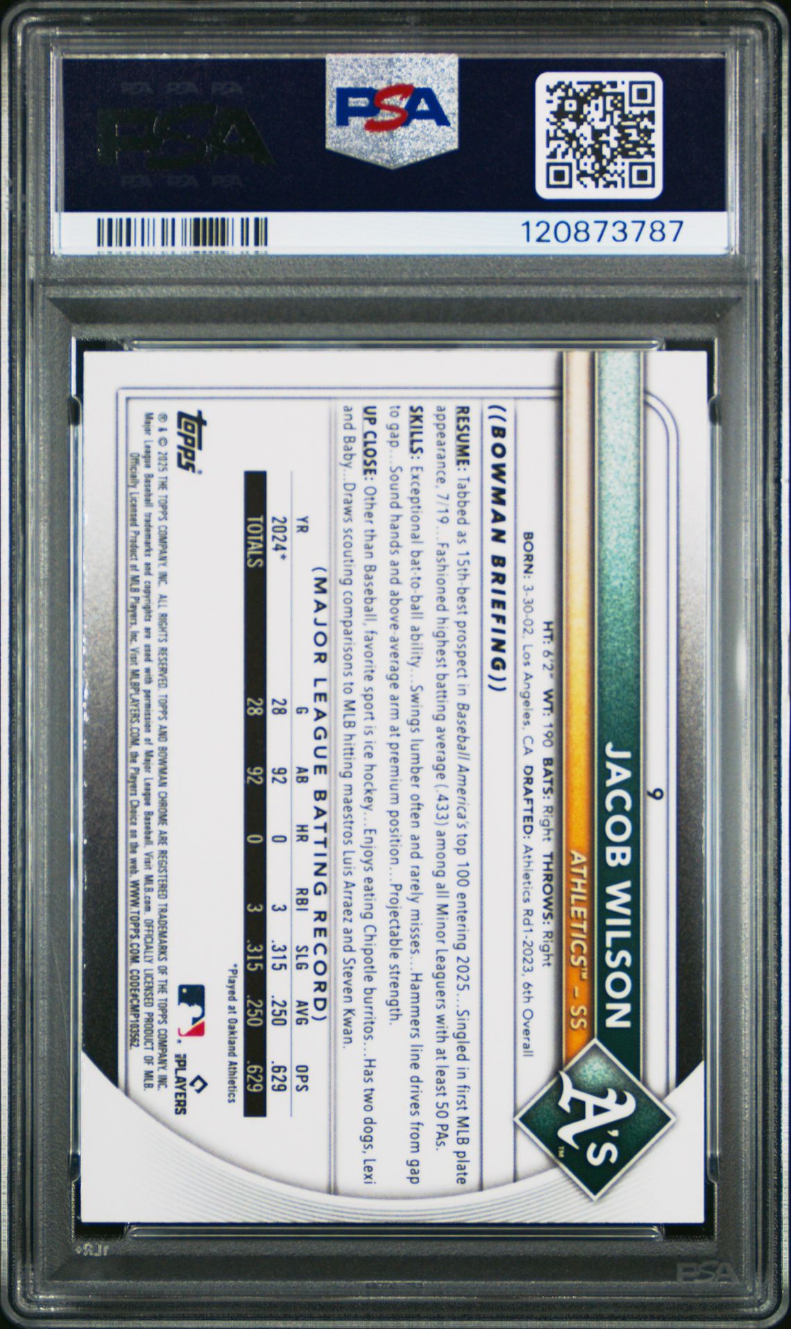 2025 Bowman Mega Box Chrome Jacob Wilson #9 Mint 9 back