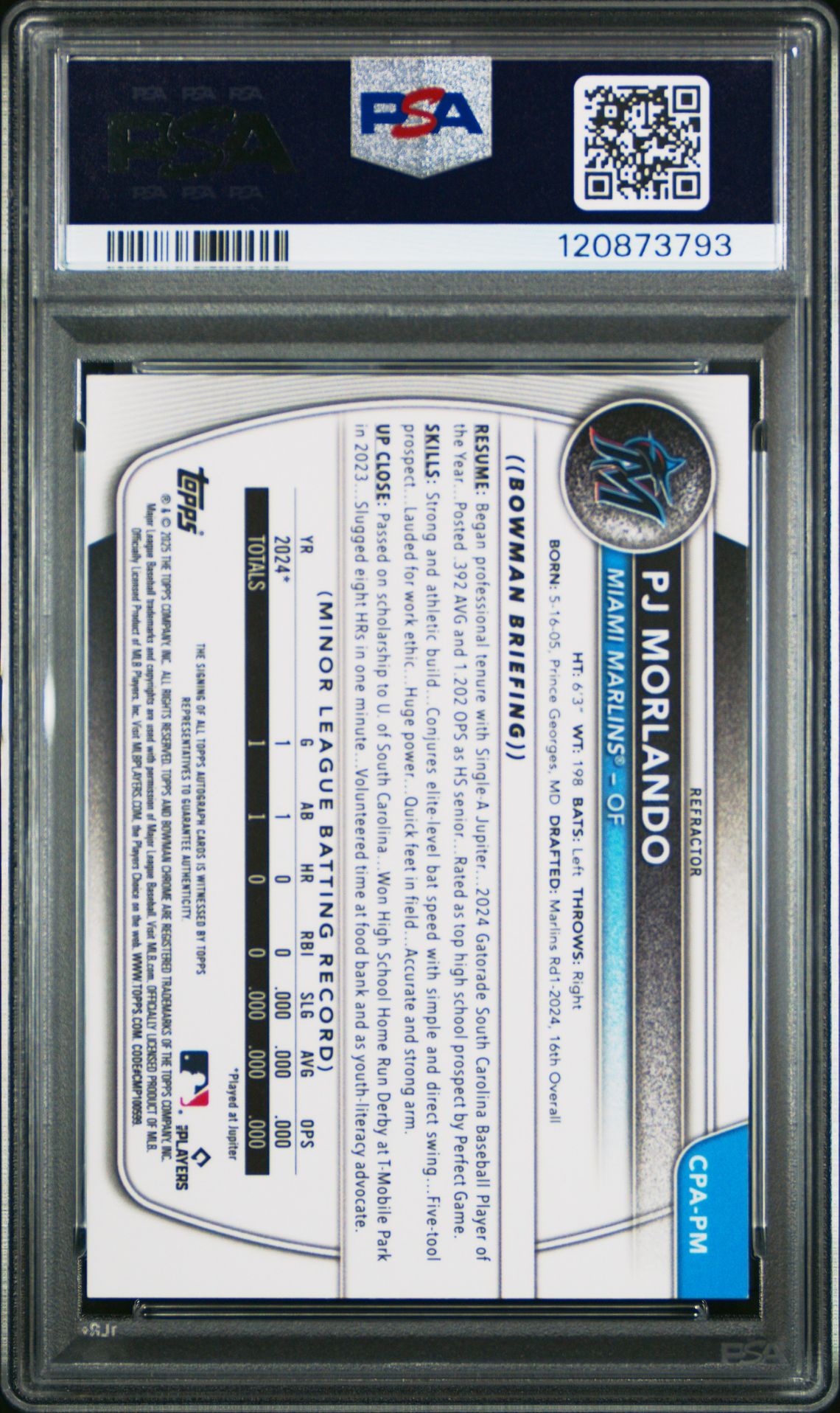 2025 Bowman Chrome Prospect Autographs Pj Morlando #Cpapm (Chrome Prospect Auto-Ref) Mint 9 back