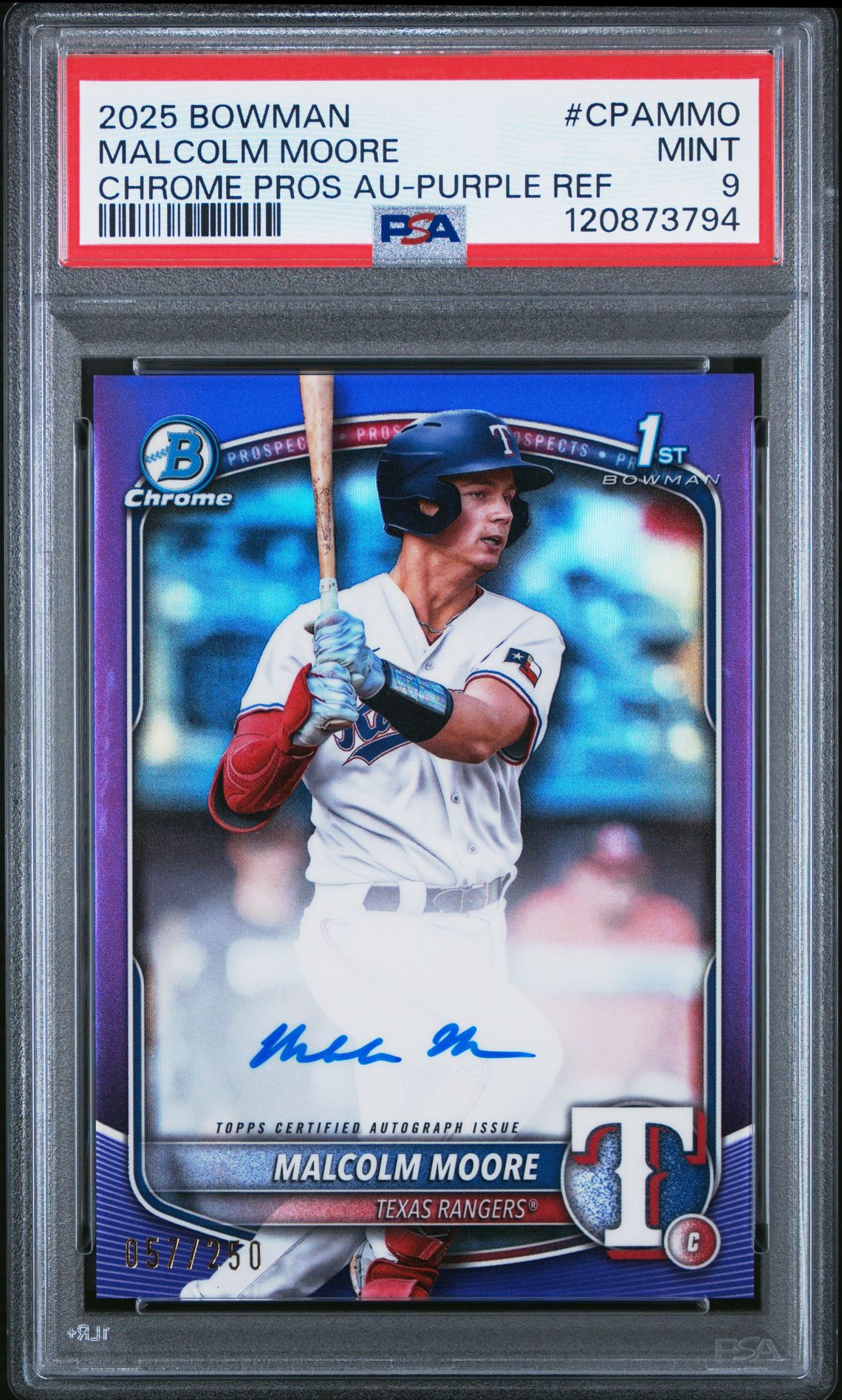 2025 Bowman Chrome Prospect Autographs Malcolm Moore #Cpammo (Chrome Pros Au-Purple Ref) Mint 9 front