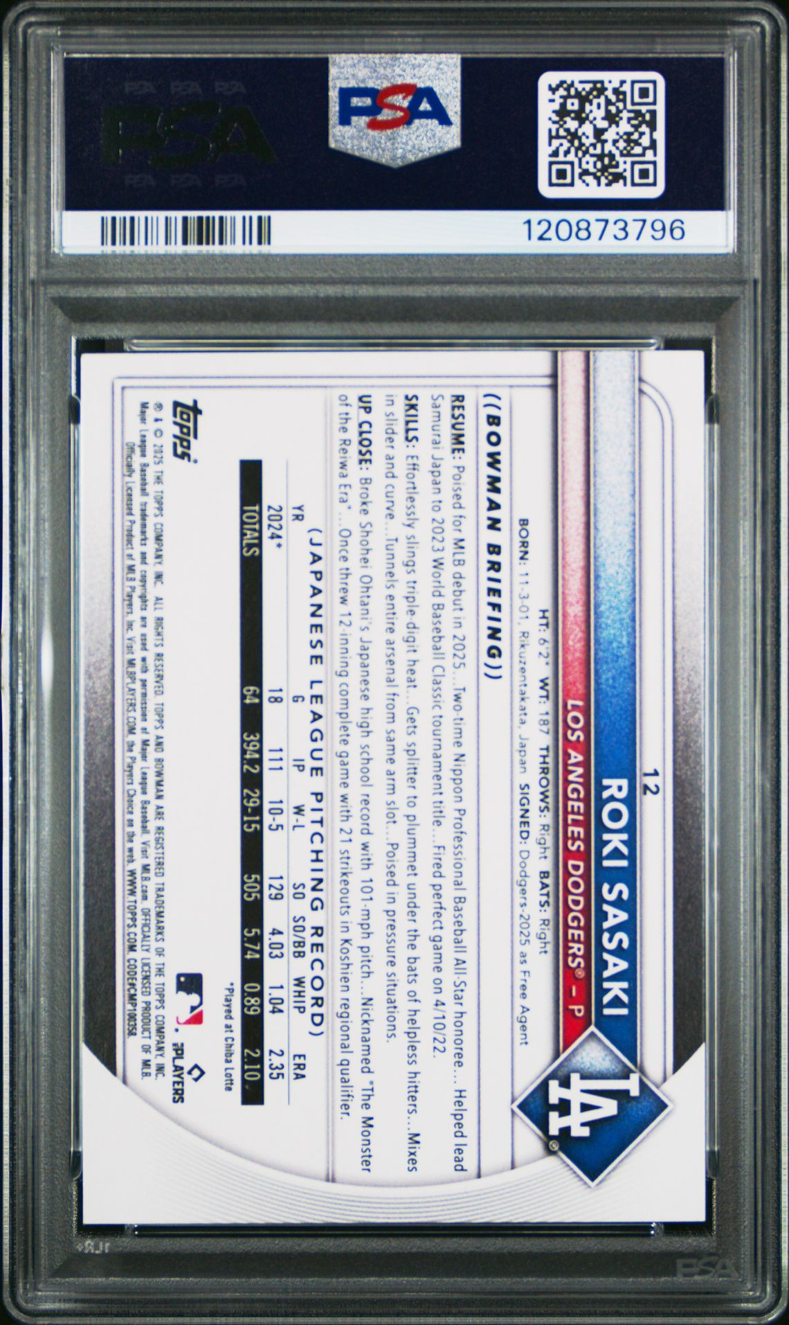 2025 Bowman Roki Sasaki #12 (Sky Blue) Mint 9 back