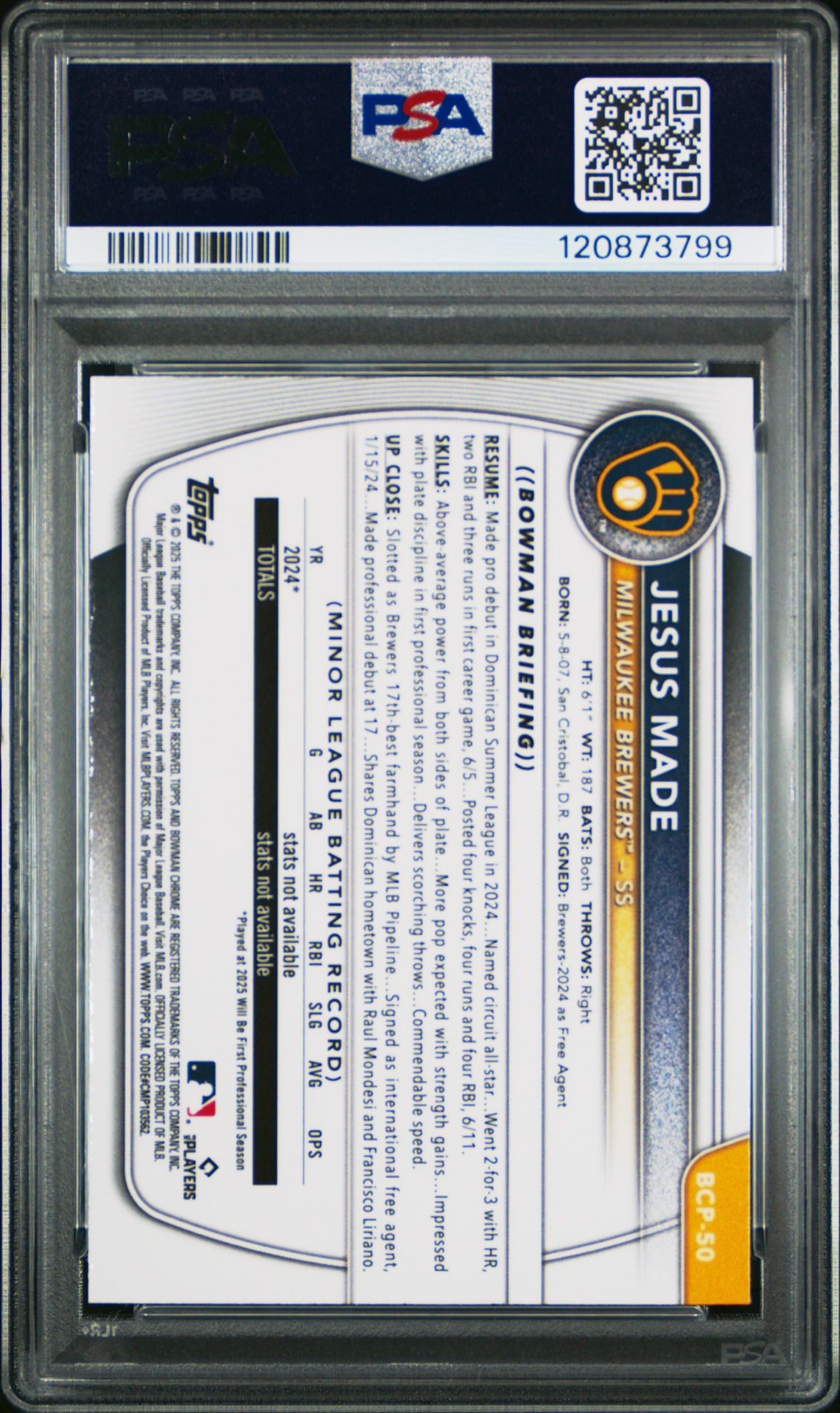 2025 Bowman Mega Box Chrome Prospects Jesus Made #50 Gem Mt 10 back