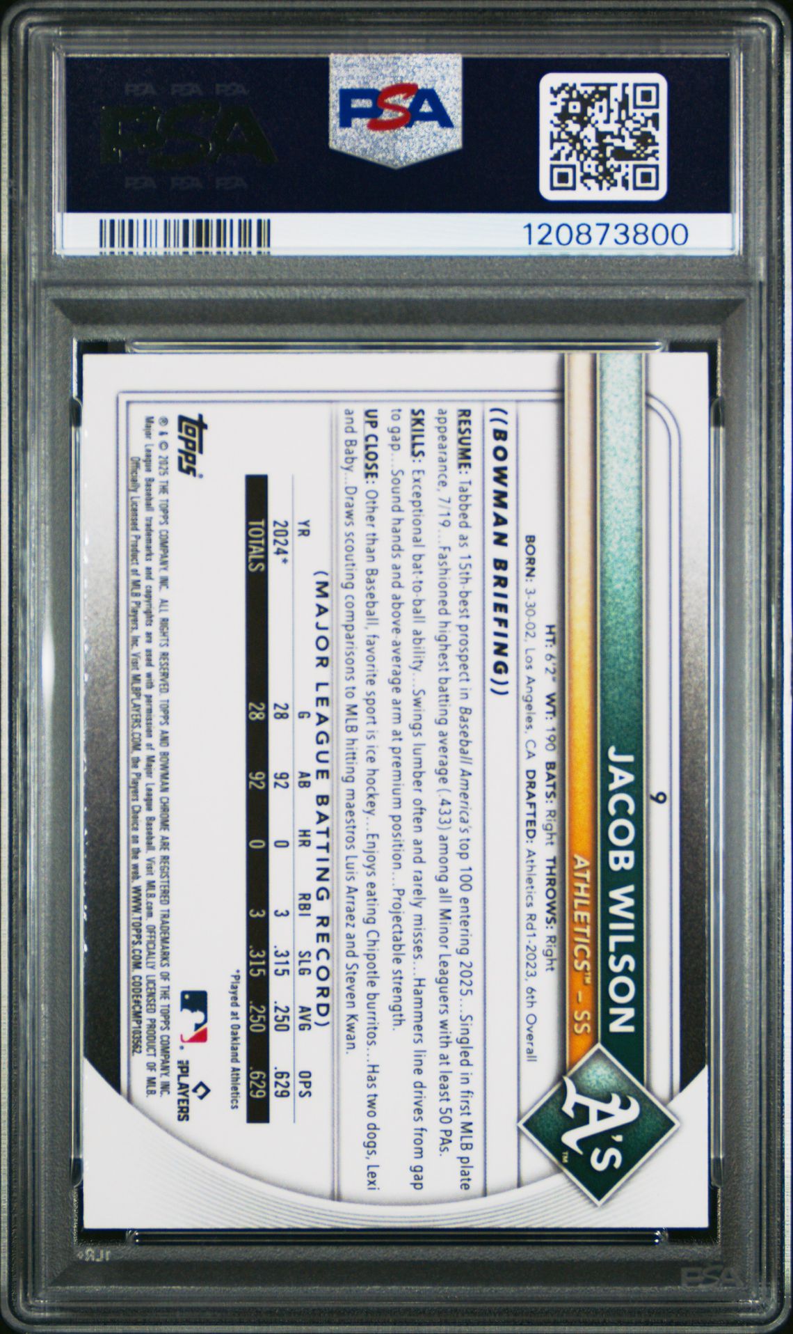 2025 Bowman Mega Box Chrome Jacob Wilson #9 Mint 9 back