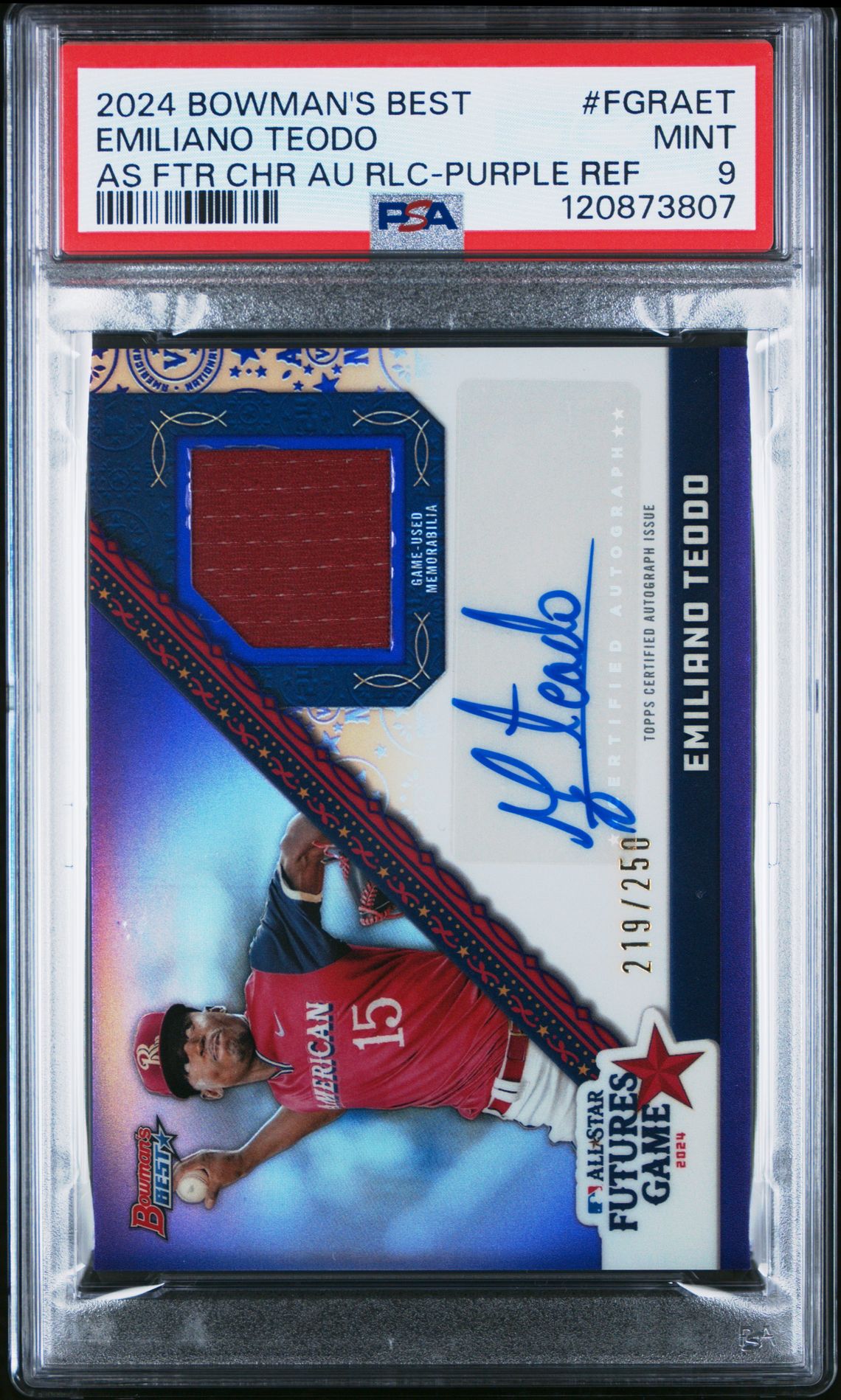 2024 Bowman's Best 2024 Mlb All-Star Futures Game Chrome Autograph Relics Emiliano Teodo #Fgraet (As Ftr Chr Au Rlc-Purple Ref) Mint 9 front