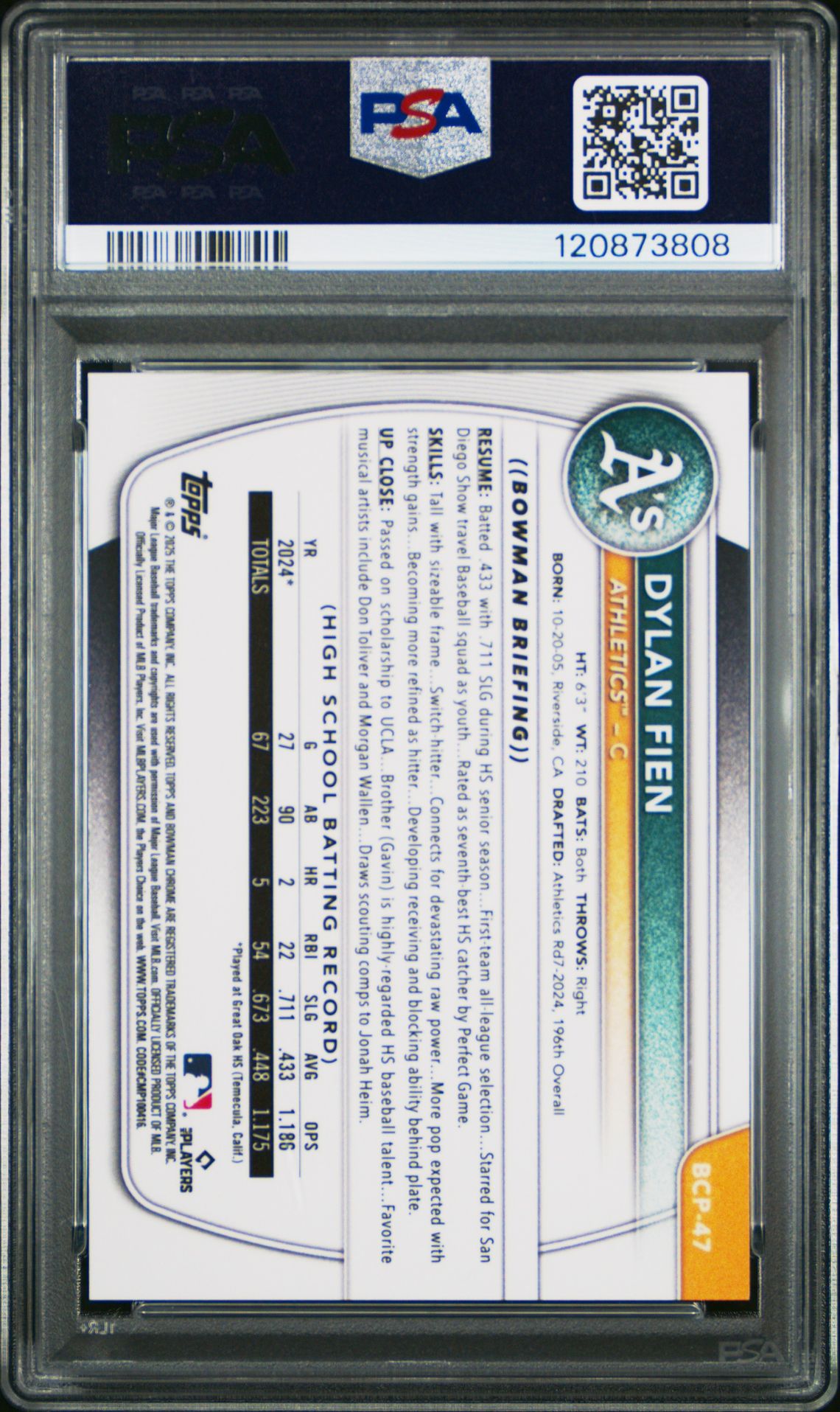 2025 Bowman Chrome Prospects Dylan Fien #Bcp47 (Chrome Pros-Gold Geometric) Mint 9 back