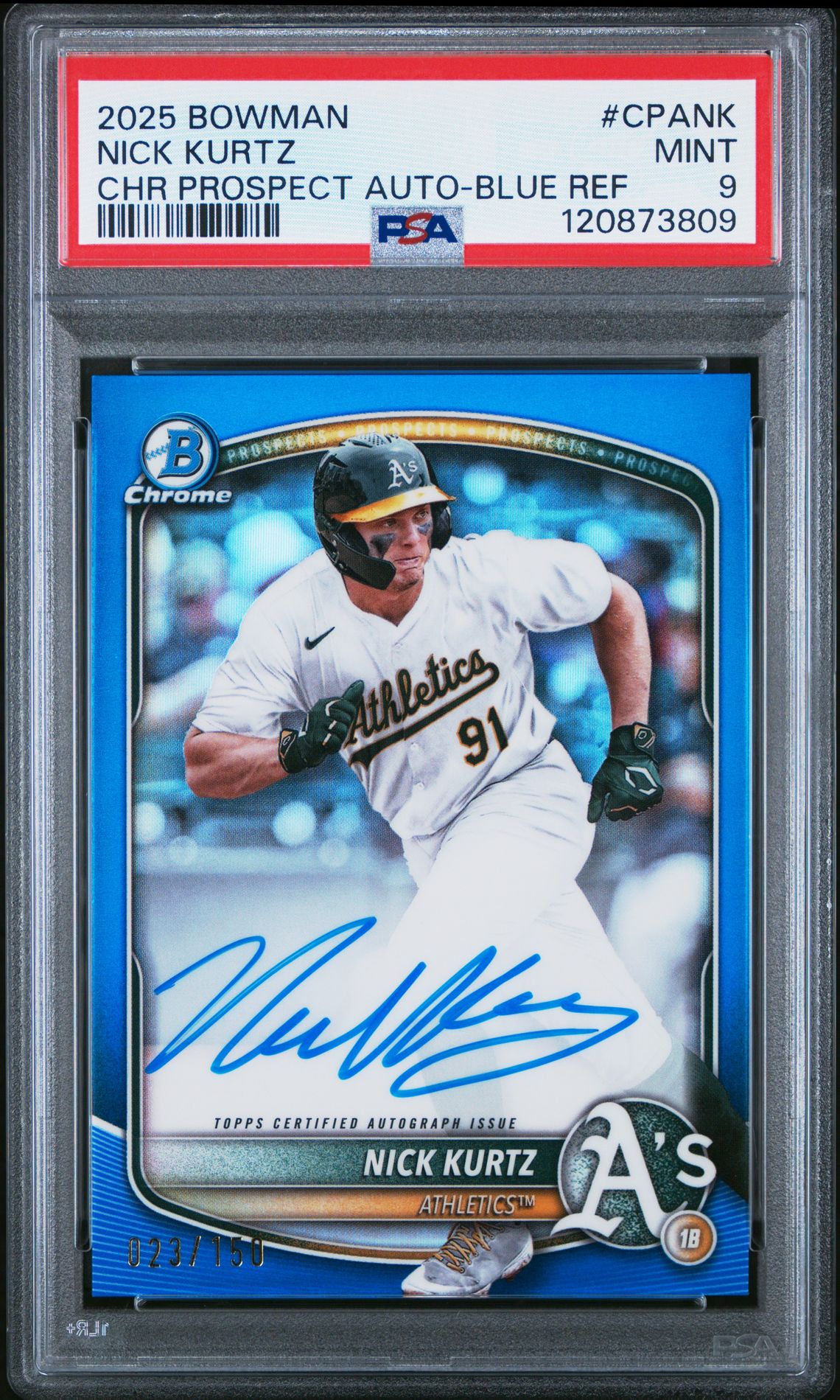 2025 Bowman Chrome Prospect Autographs Nick Kurtz #Cpank (Chr Prospect Auto-Blue Ref) Mint 9 front
