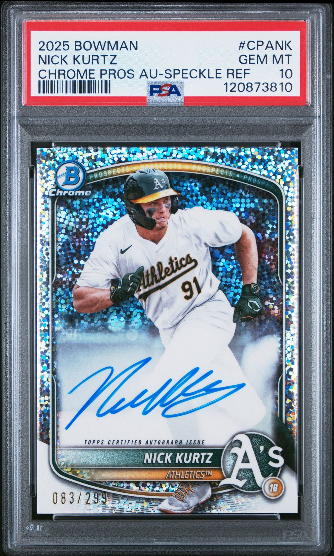 2025 Bowman Chrome Prospect Autographs Nick Kurtz #Cpank (Chrome Pros Au-Speckle Ref) Gem Mt 10 front