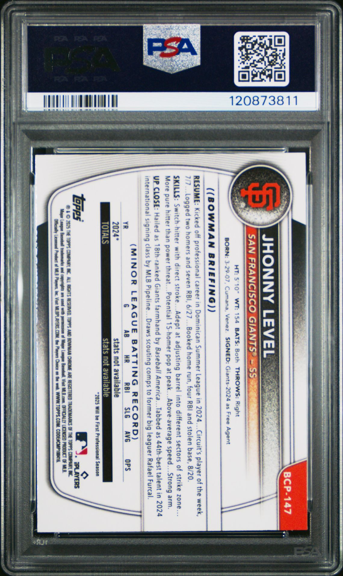 2025 Bowman Chrome Prospects Jhonny Level #Bcp147 (Chrome Pros-Aqua Shimmer) Gem Mt 10 back