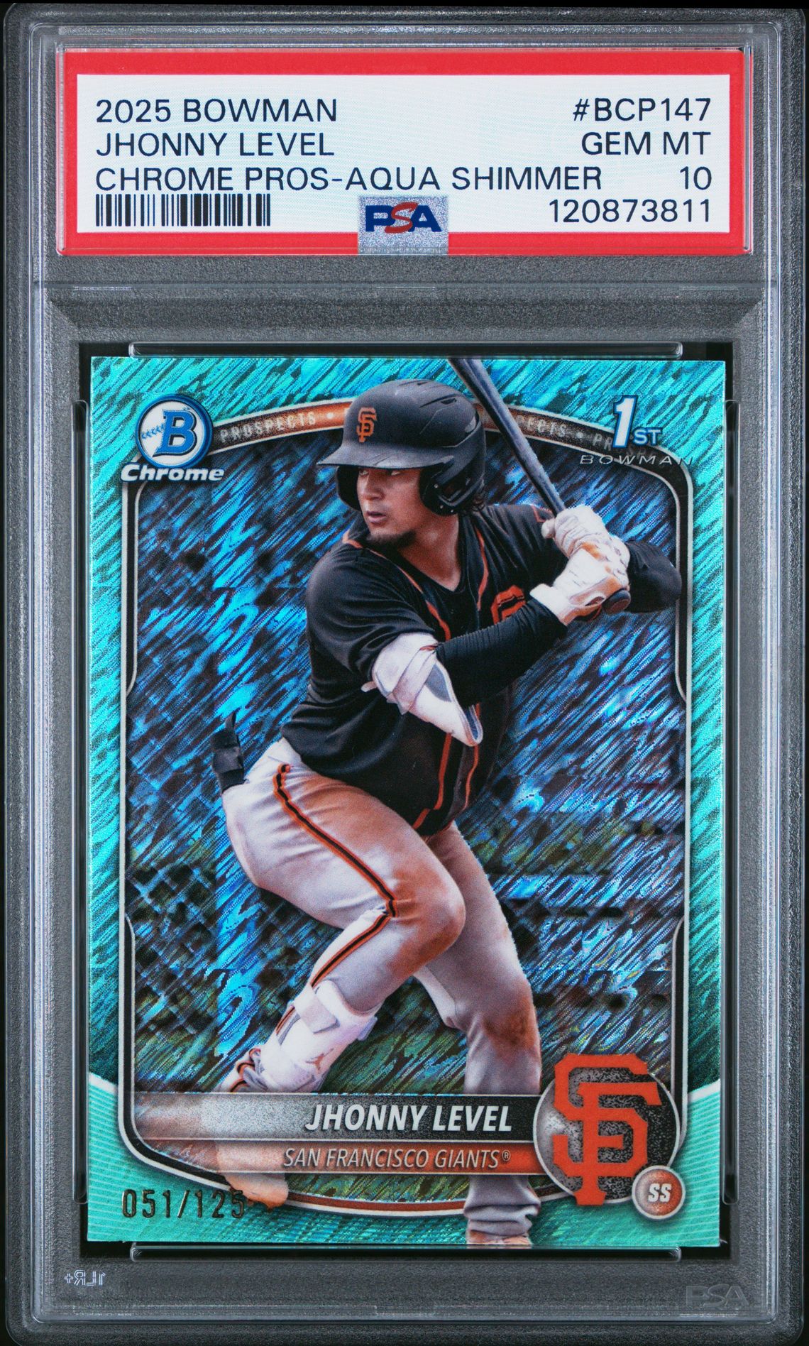 2025 Bowman Chrome Prospects Jhonny Level #Bcp147 (Chrome Pros-Aqua Shimmer) Gem Mt 10 front