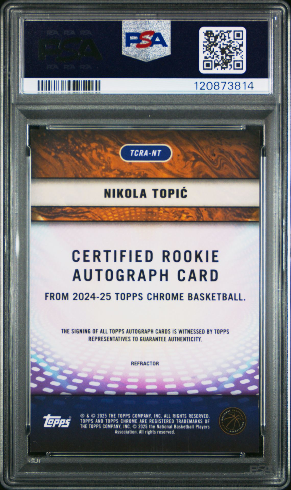2024 Topps Chrome Certified Rookie Autographs Nikola Topic #Tcrant (Certified Rk Au-Refractor) Mint 9 back