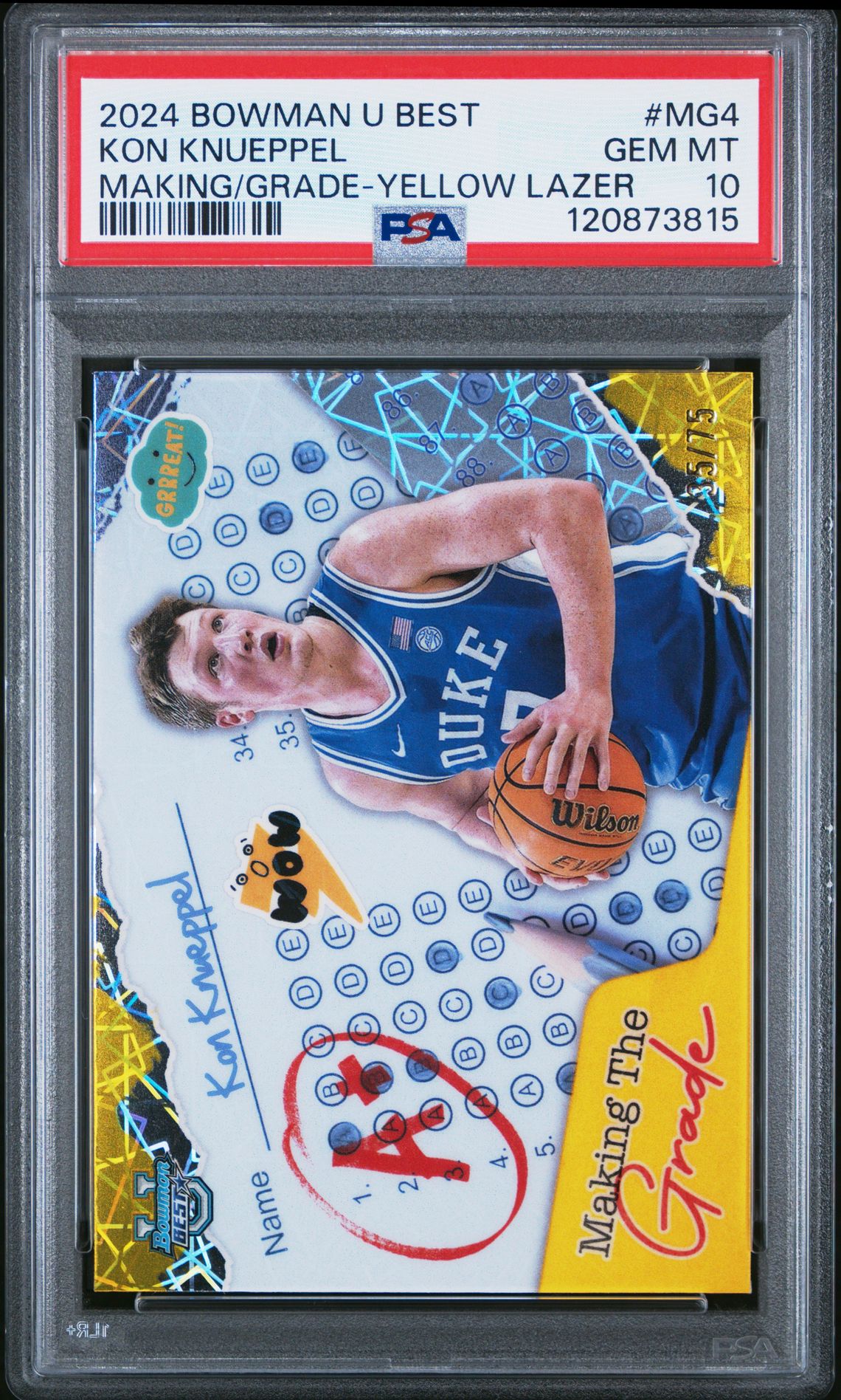 2024 Bowman University Best Making The Grade Kon Knueppel #Mg4 (Making/Grade-Yellow Lazer) Gem Mt 10 front