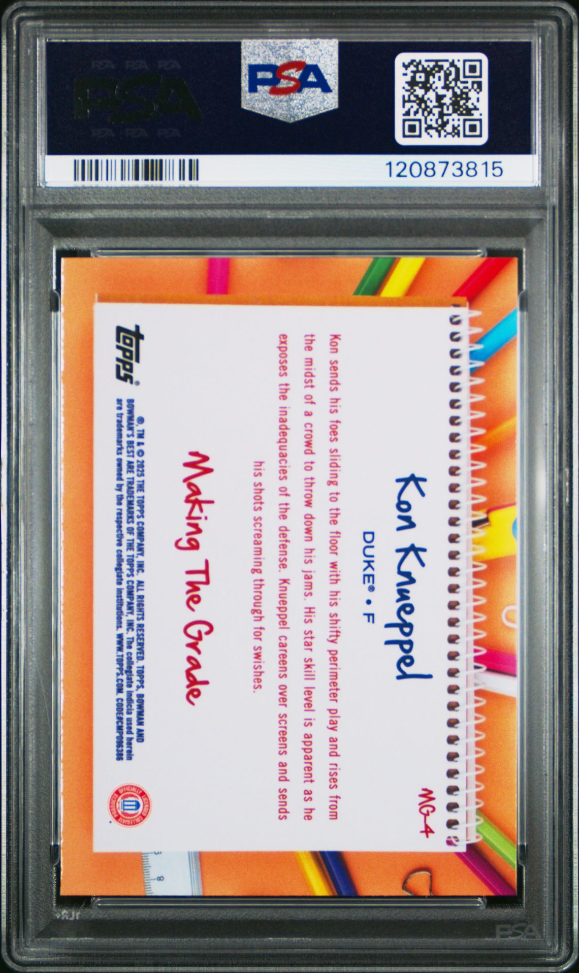 2024 Bowman University Best Making The Grade Kon Knueppel #Mg4 (Making/Grade-Yellow Lazer) Gem Mt 10 back