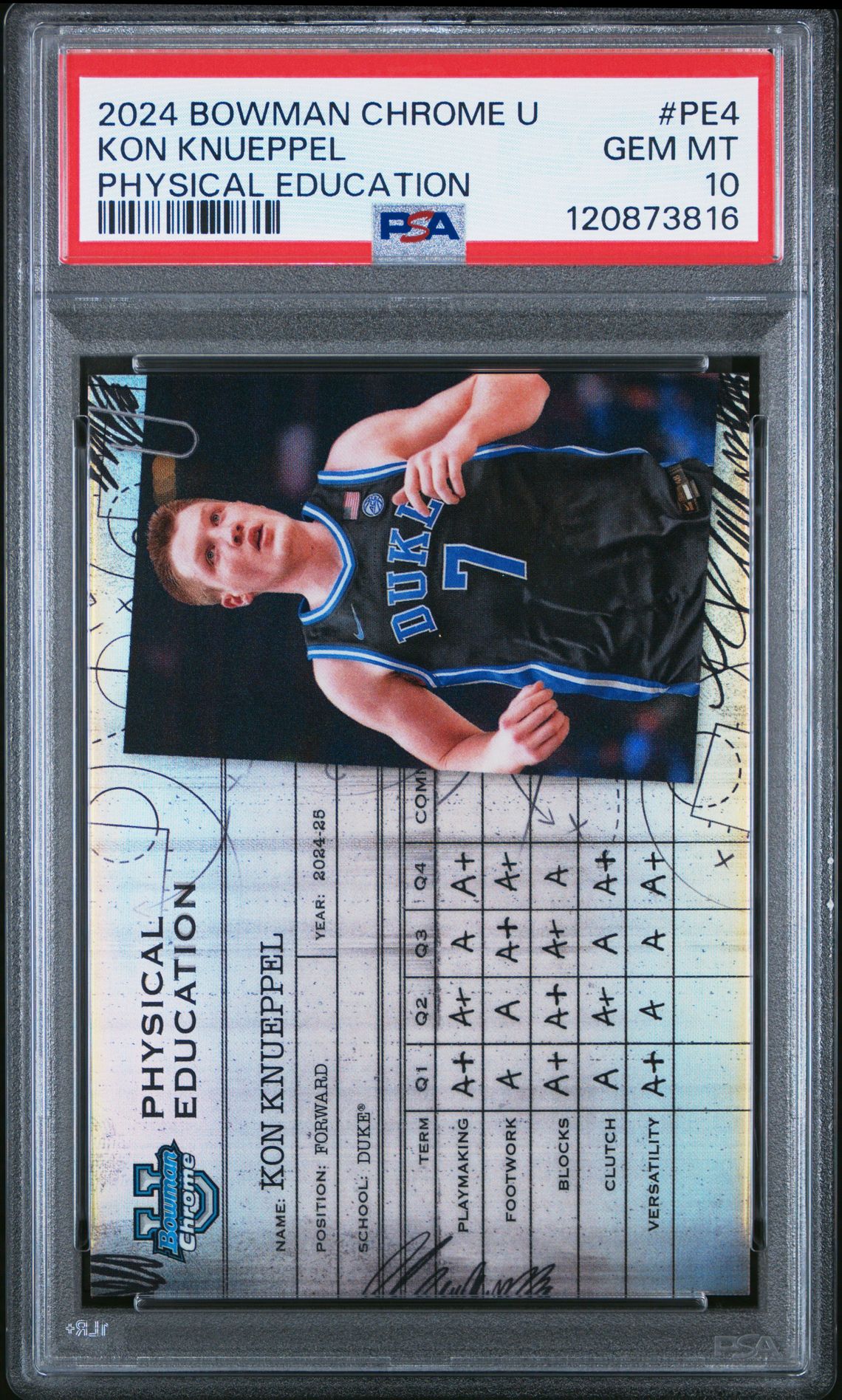 2024 Bowman Chrome University Physical Education Kon Knueppel #Pe4 Gem Mt 10 front