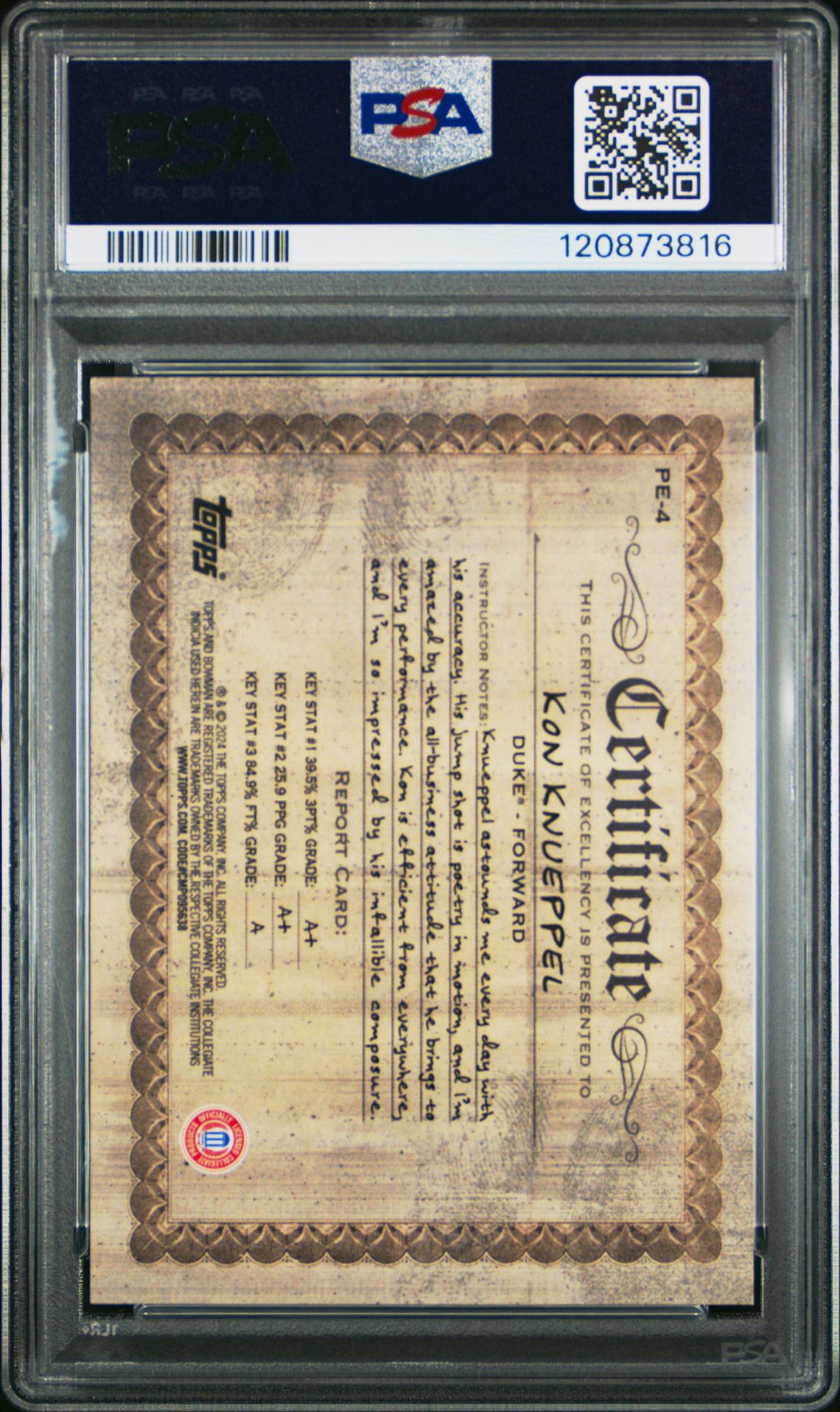 2024 Bowman Chrome University Physical Education Kon Knueppel #Pe4 Gem Mt 10 back