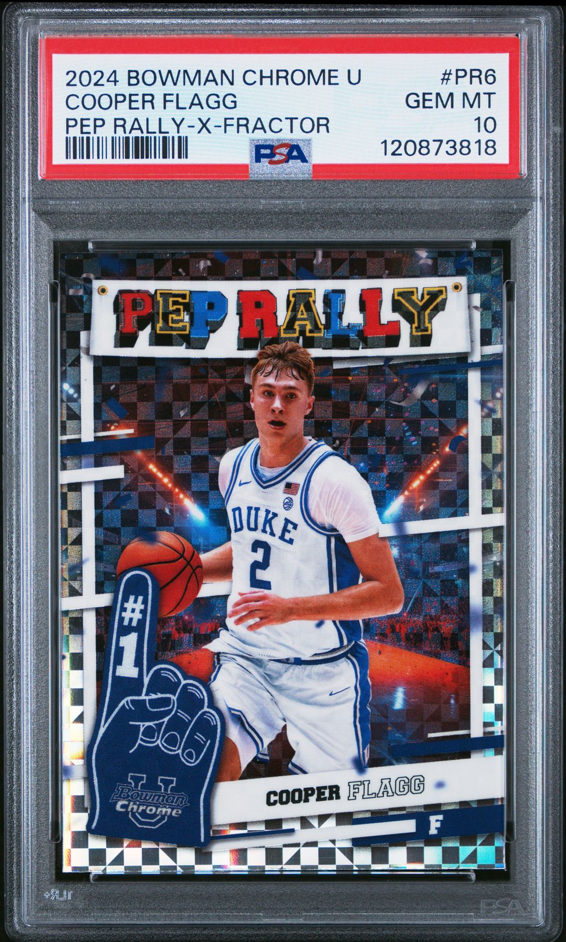 2024 Bowman Chrome University Pep Rally Cooper Flagg #Pr6 (Pep Rally-X-Fractor) Gem Mt 10 front