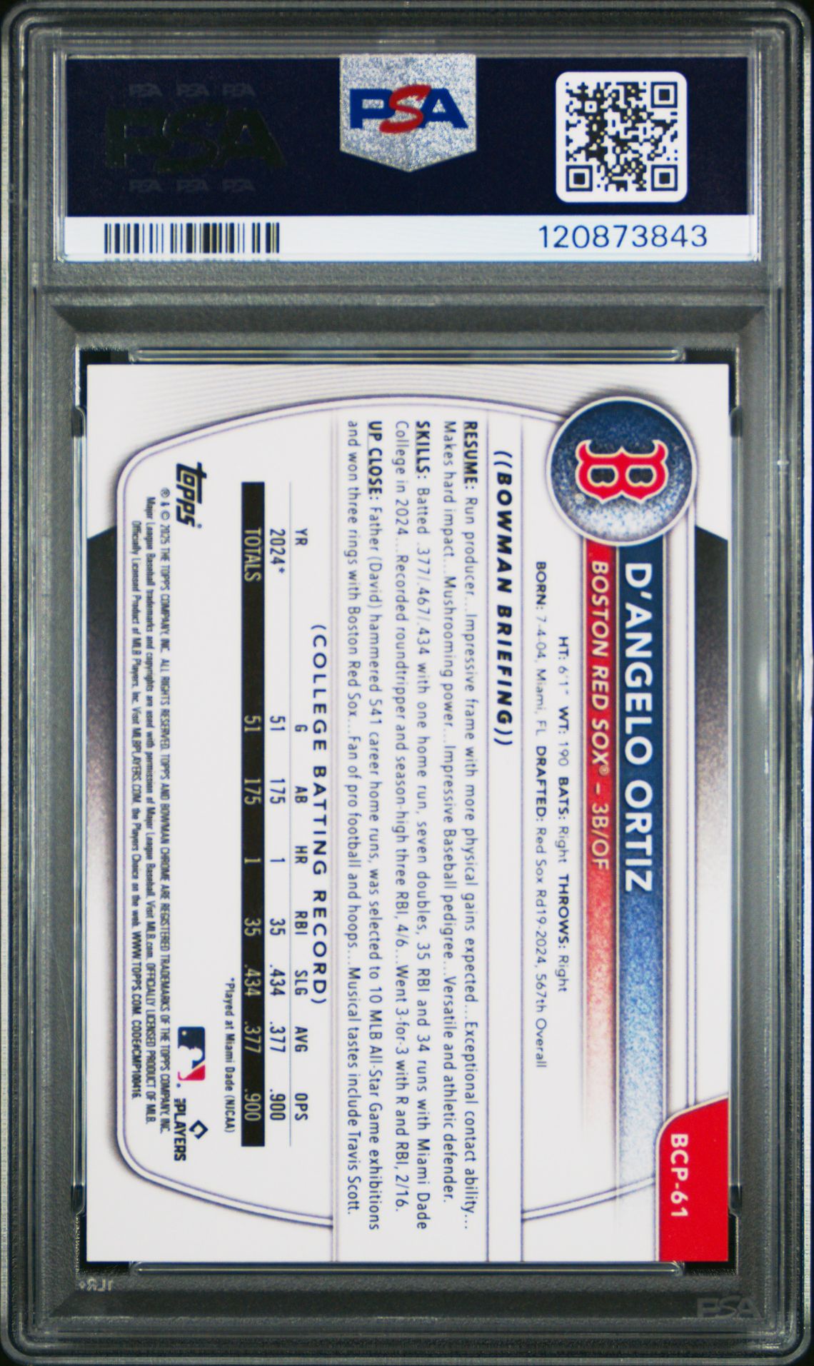 2025 Bowman Chrome Prospects D'angelo Ortiz #Bcp61 (Chr Pros-Fuchsia Reptilian) Gem Mt 10 back
