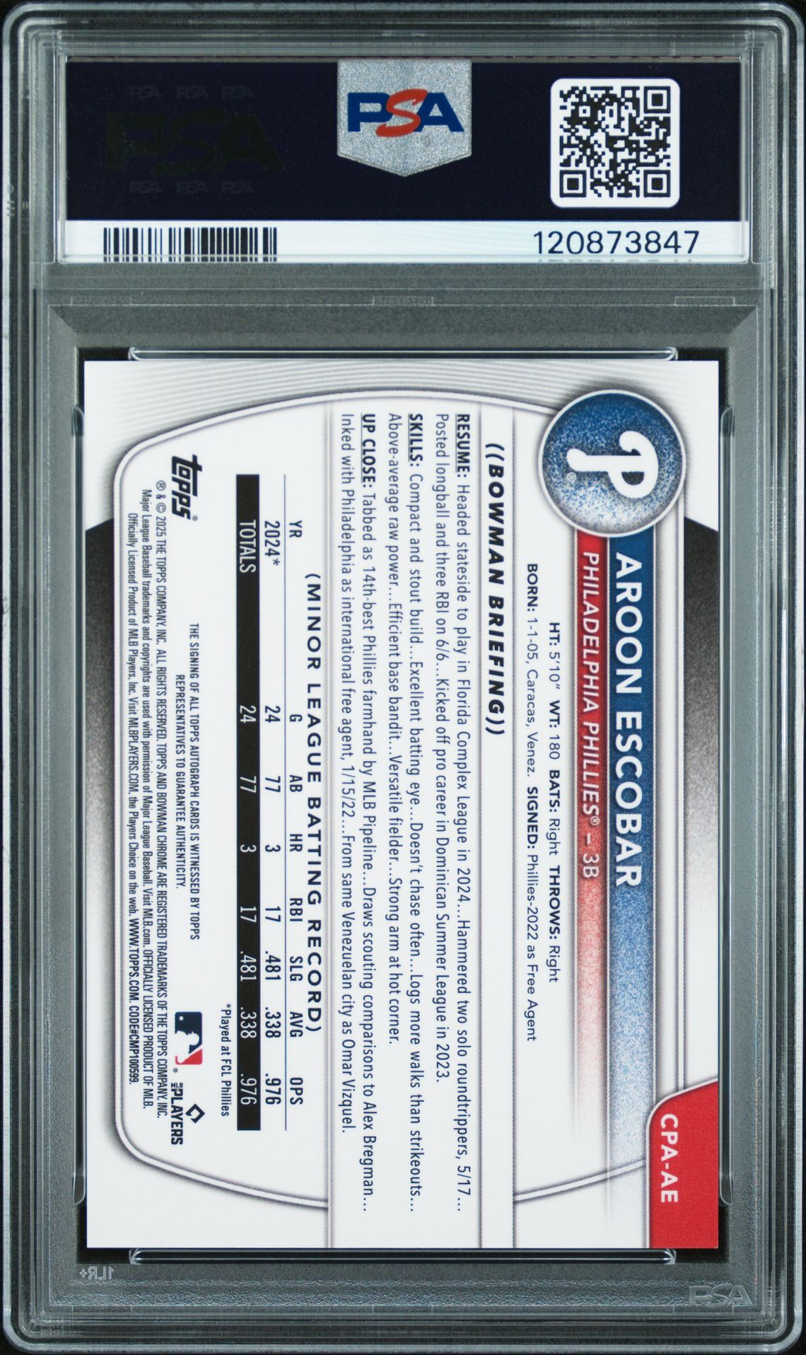 2025 Bowman Chrome Prospect Autographs Aroon Escobar #Cpaae Mint 9 back