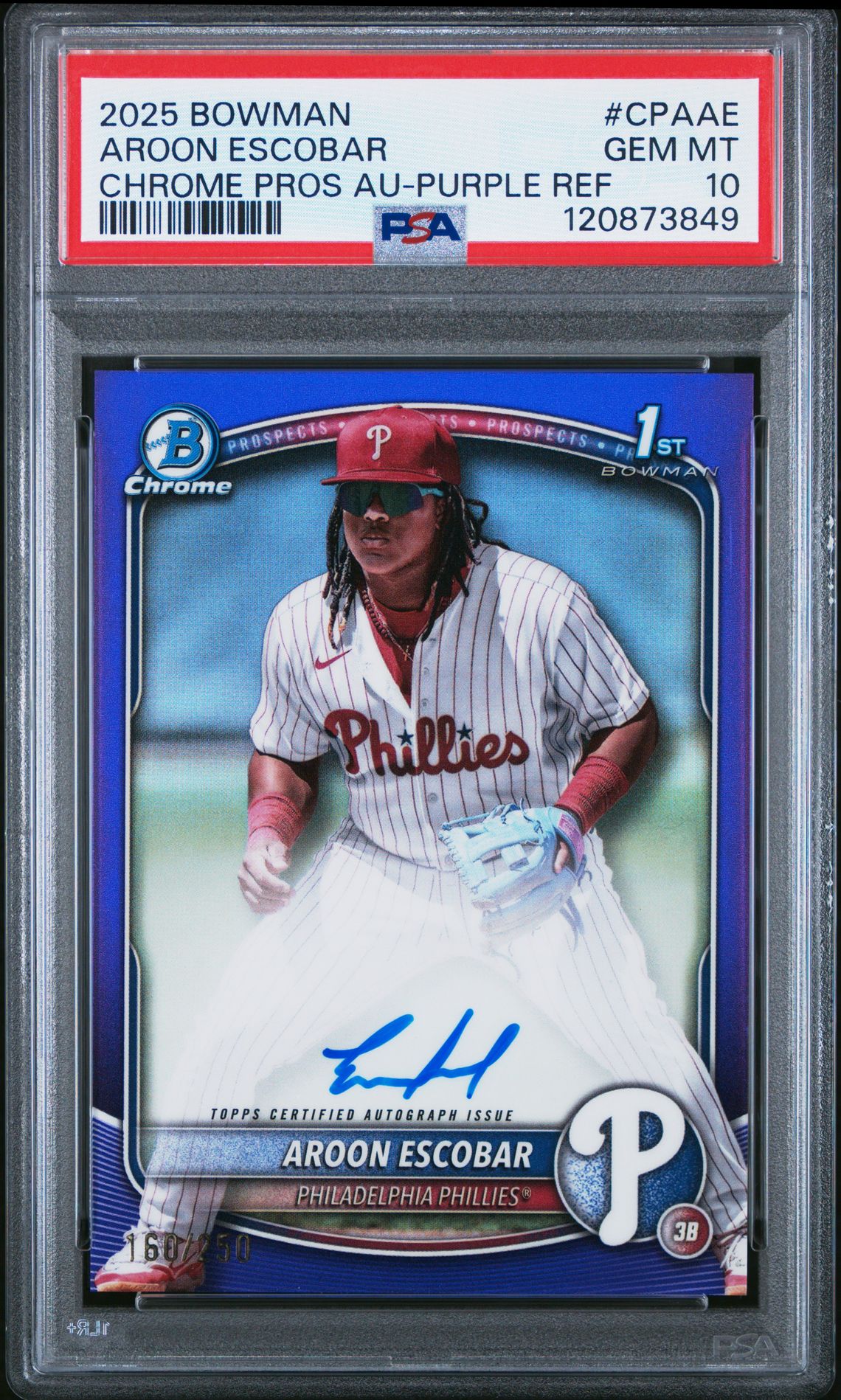 2025 Bowman Chrome Prospect Autographs Aroon Escobar #Cpaae (Chrome Pros Au-Purple Ref) Gem Mt 10 front