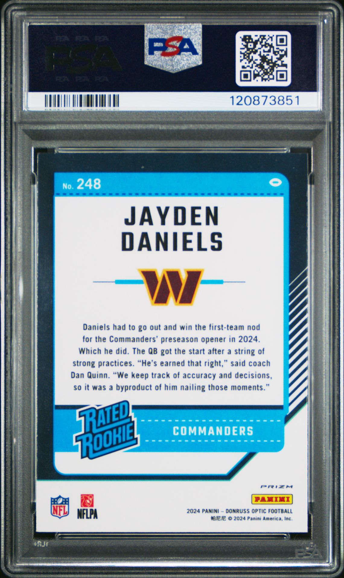 2024 Panini Donruss Optic Jayden Daniels #248 (Holo) Mint 9 back