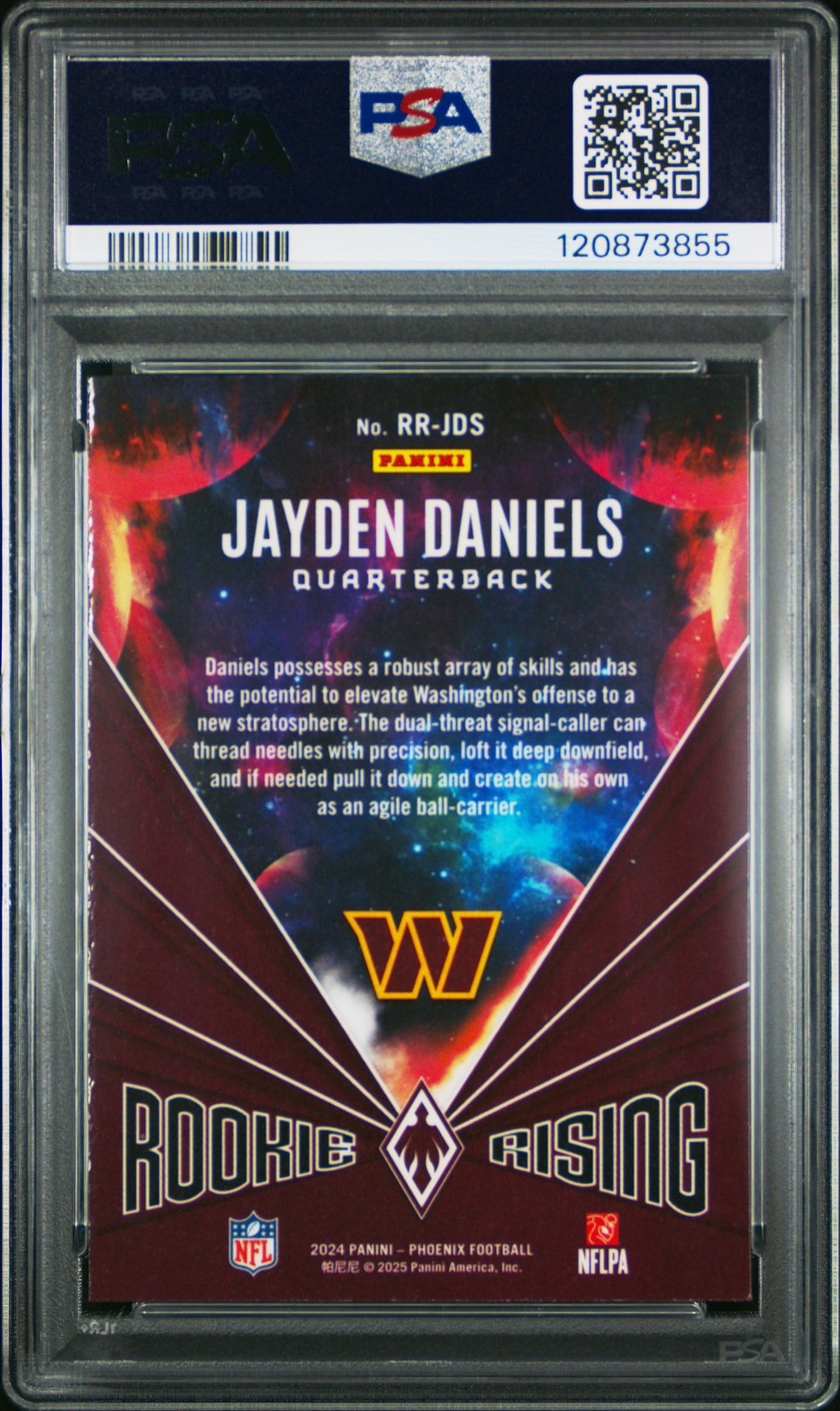 2024 Panini Phoenix Rookie Rising Jayden Daniels #Rrjds (Rookie Rising-Purple) Mint 9 back