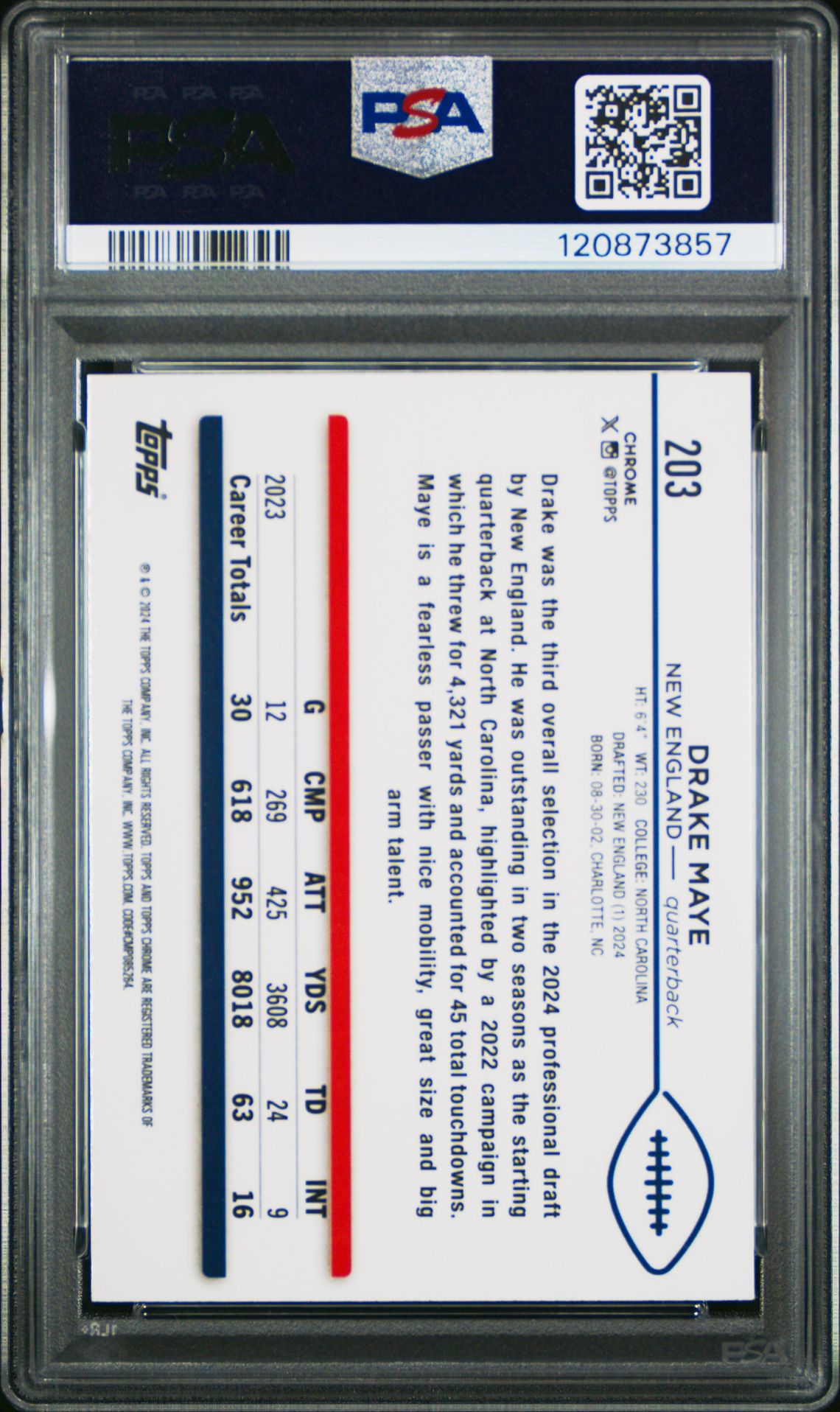 2024 Topps Chrome Drake Maye #203 (Sepia Refractor) Mint 9 back