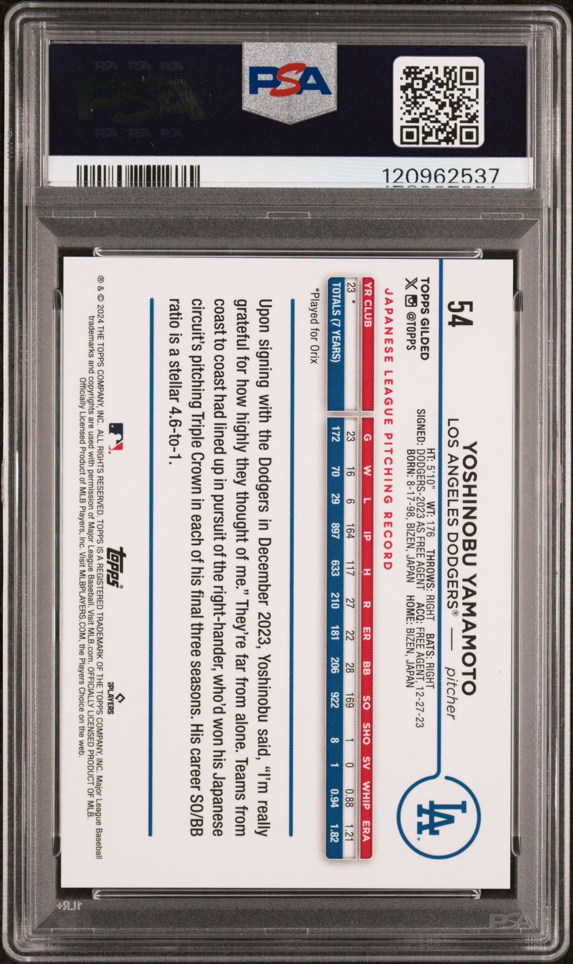 2024 Topps Gilded Collection Yoshinobu Yamamoto #54 (Gold Mini Diamond) Mint 9 back