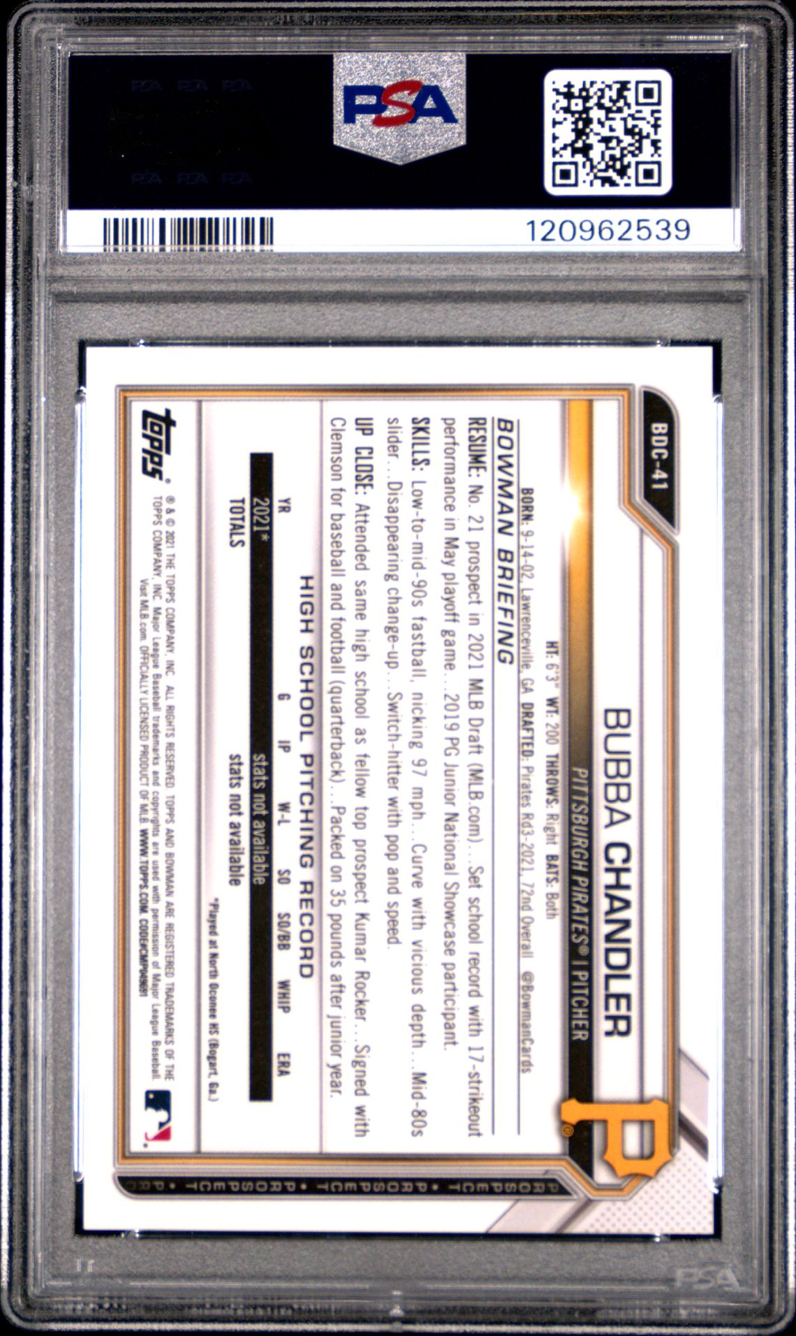 2021 Bowman Draft Chrome Sapphire Edition Bubba Chandler #Bdc41 (Chrome Sapphire Ed-Yellow) Mint 9 back