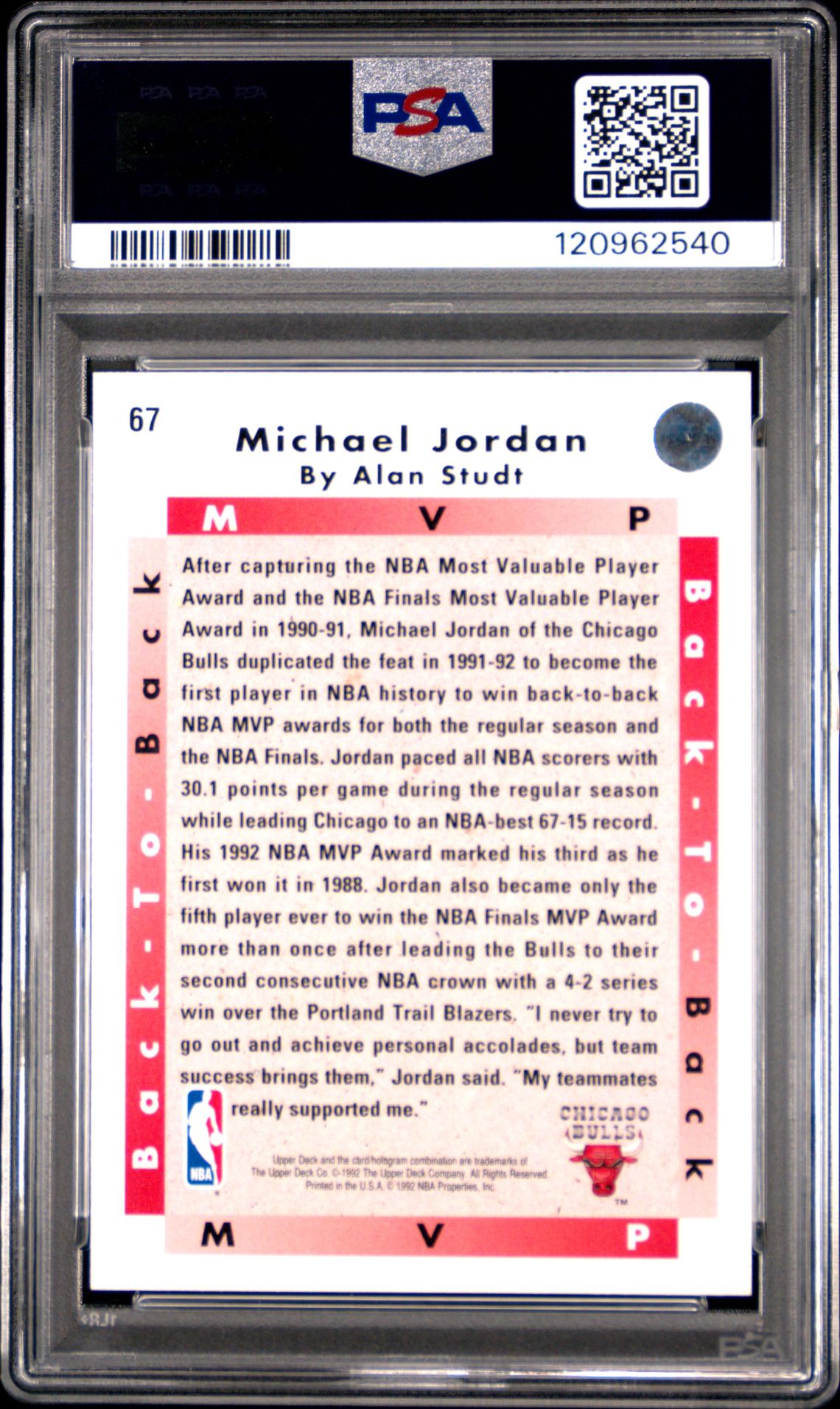 1992 Upper Deck Michael Jordan #67 (Mvp) Gem Mt 10 back