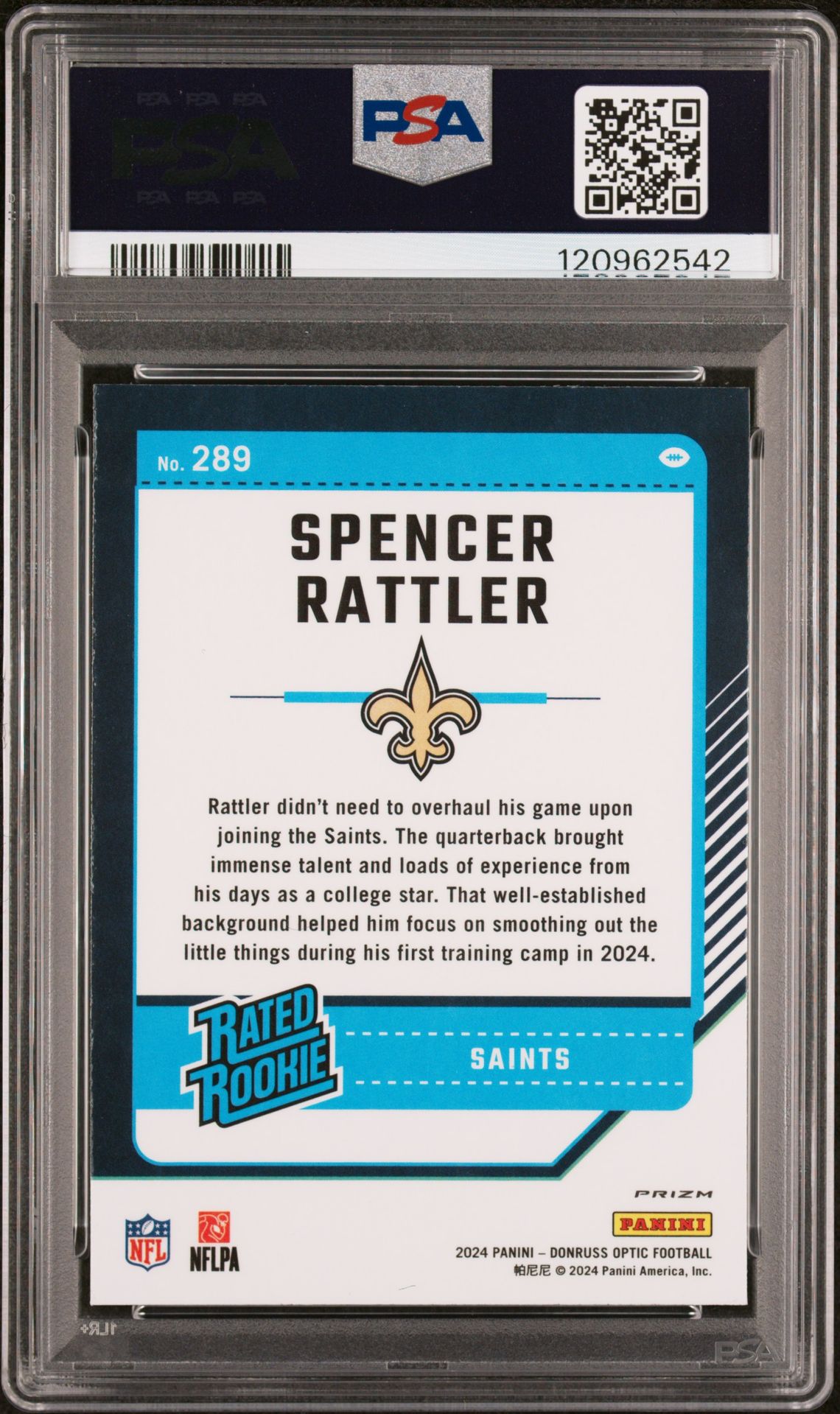 2024 Panini Donruss Optic Spencer Rattler #289 (Blue Hyper) Gem Mt 10 back