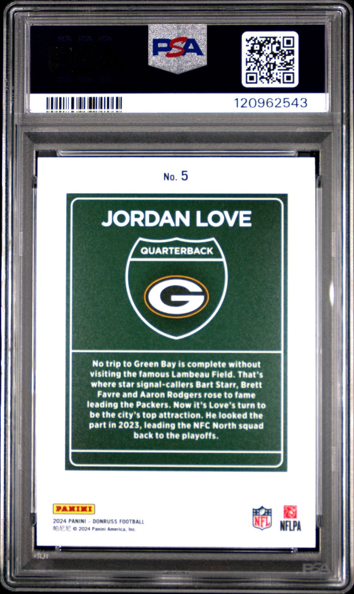 2024 Panini Donruss Downtown! Jordan Love #5 Gem Mt 10 back